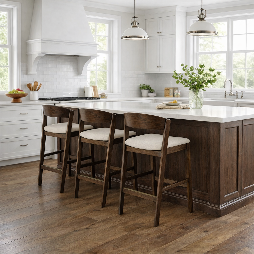 Harbor Counter Stool in Aged Brown with Light Beige Fabric Upholstery in Maven Lane by Maven Lane