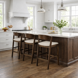 Harbor Counter Stool in Aged Brown with Light Beige Fabric Upholstery in Maven Lane by Maven Lane