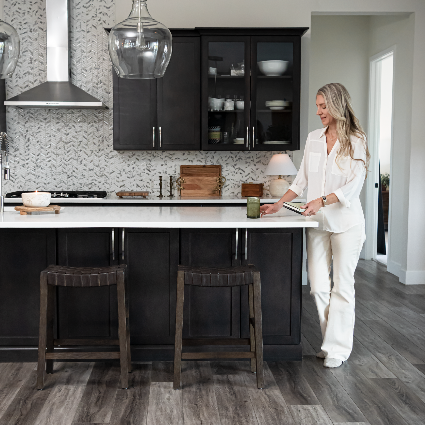 Emerson Counter Height Kitchen Stool - Weathered Brown Wood Finish With Marksman Saddle Vegan Leather in Stools by Maven Lane