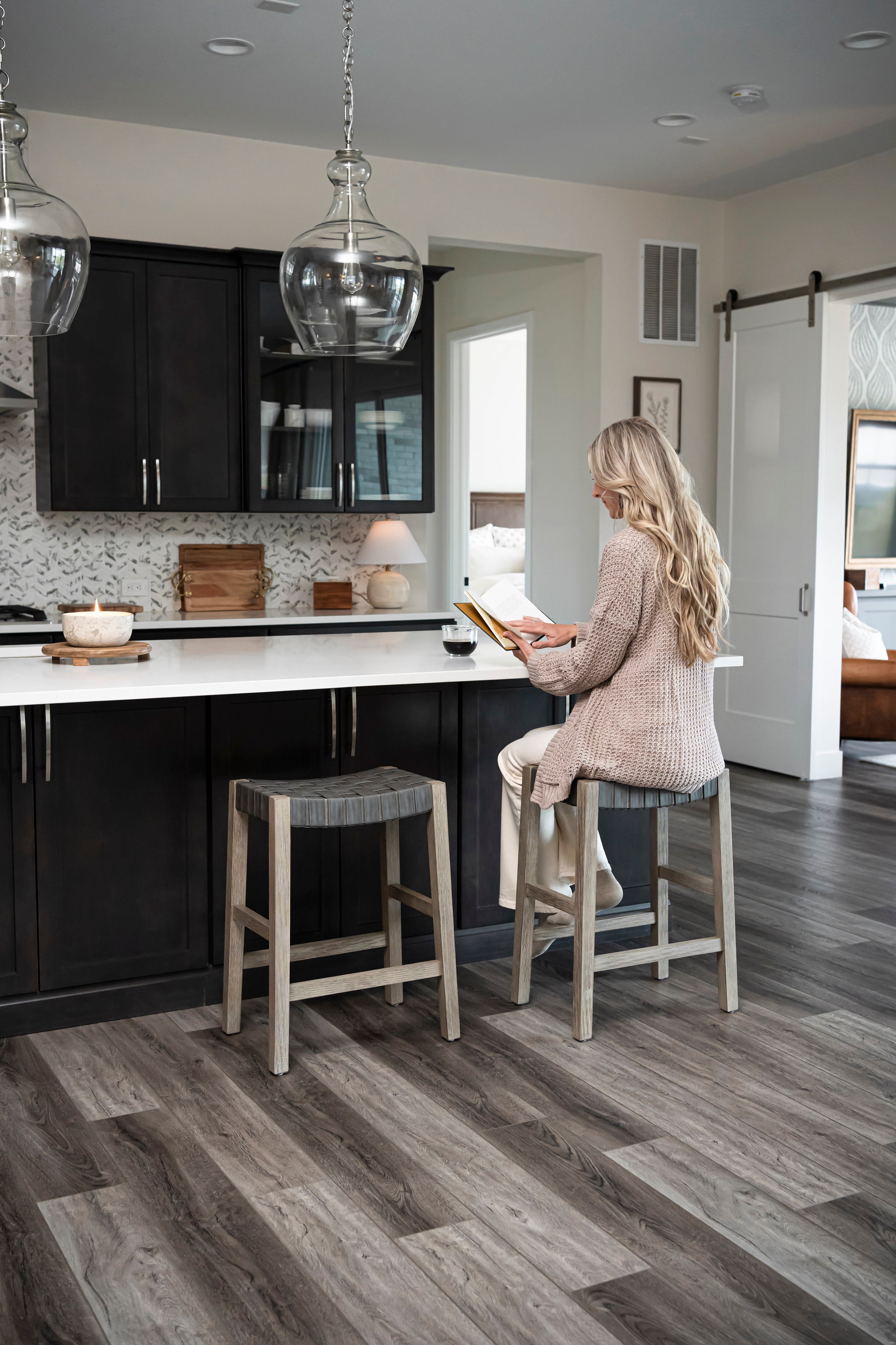Emerson Counter Height Kitchen Stool - Weathered Grey Wood Finish With Ronan Stone Vegan Leather