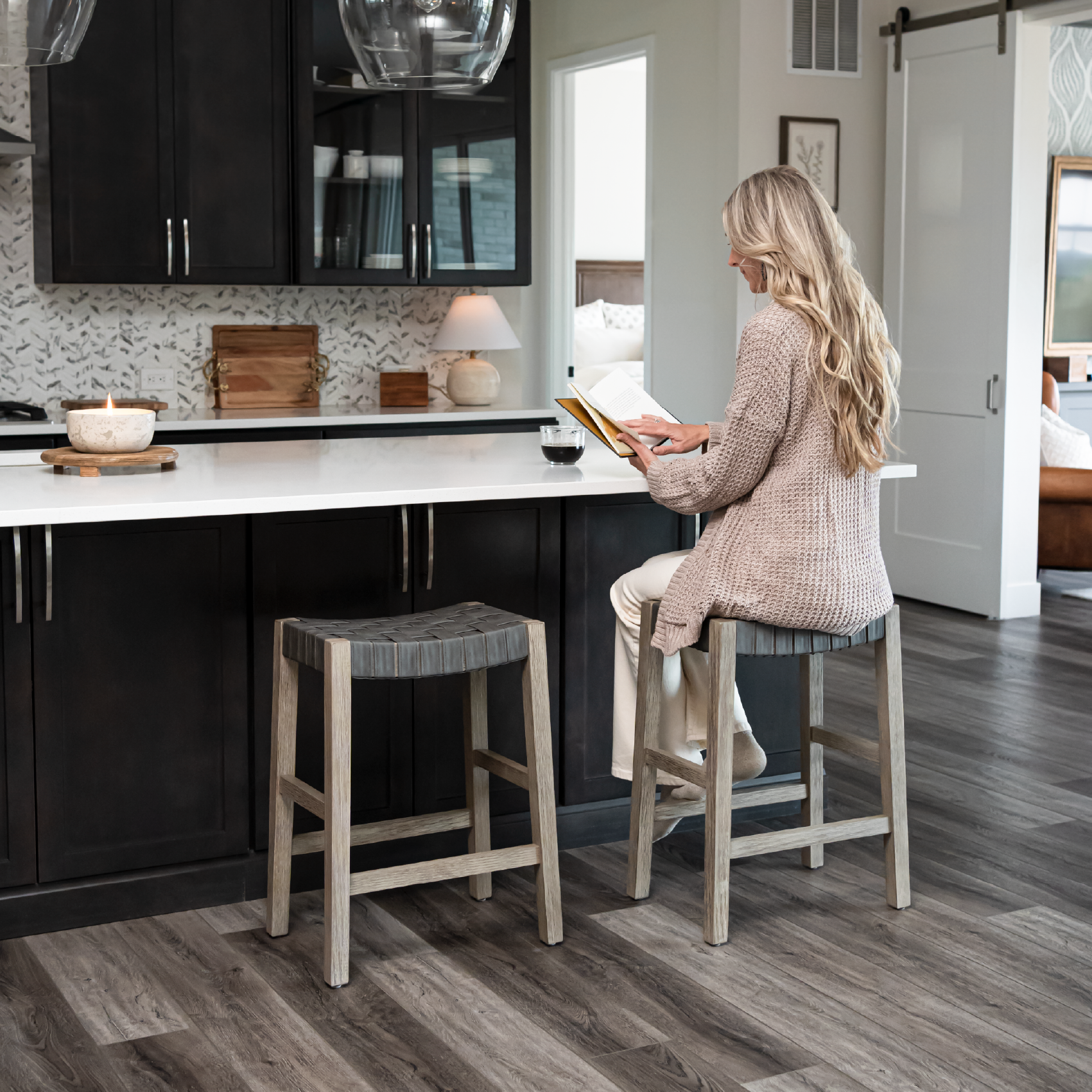 Emerson Counter Height Kitchen Stool - Weathered Grey Wood Finish With Ronan Stone Vegan Leather in Stools by Maven Lane