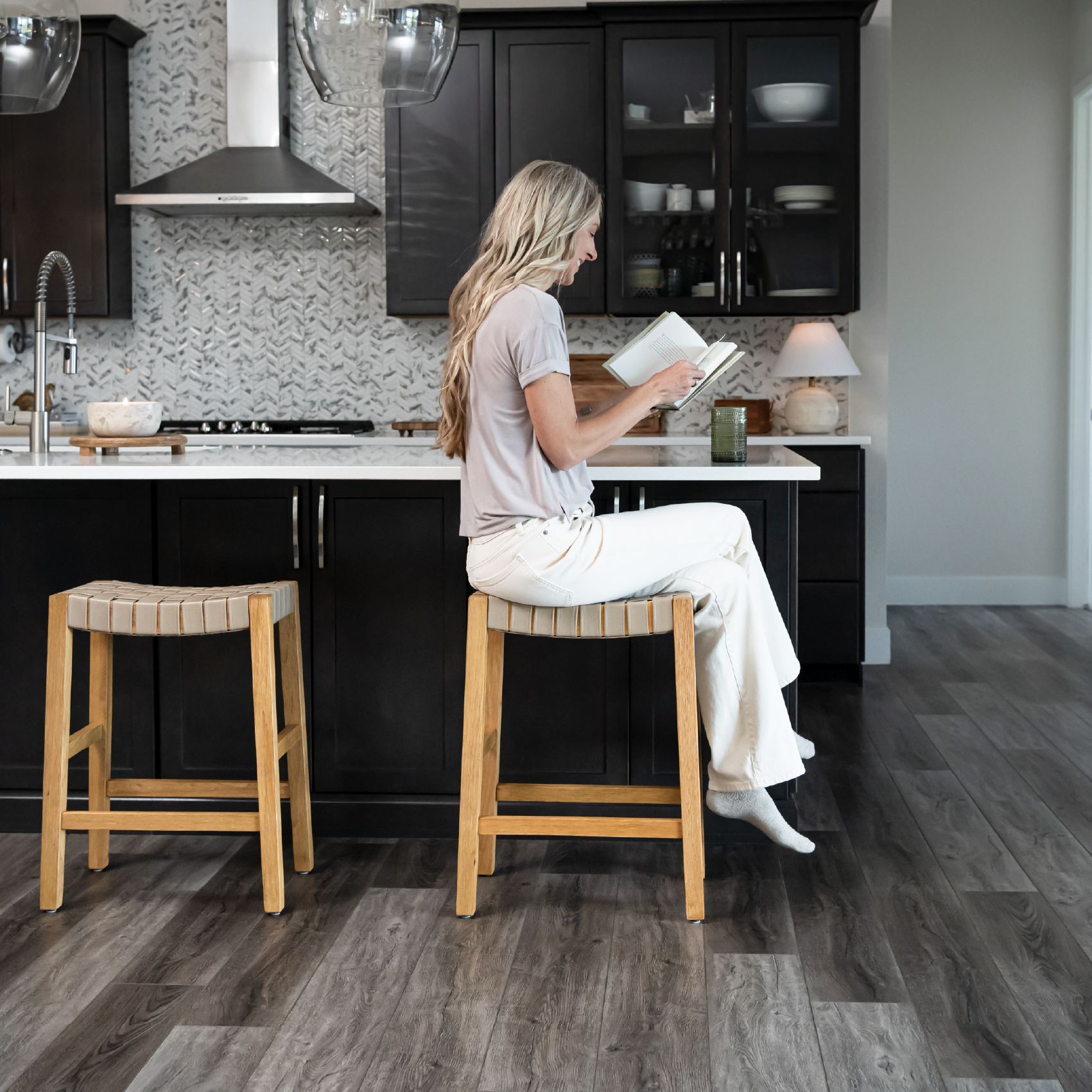 Emerson Counter Height Kitchen Stool - Weathered Natural Wood Finish With Avanti Bone Vegan Leather in Stools by Maven Lane