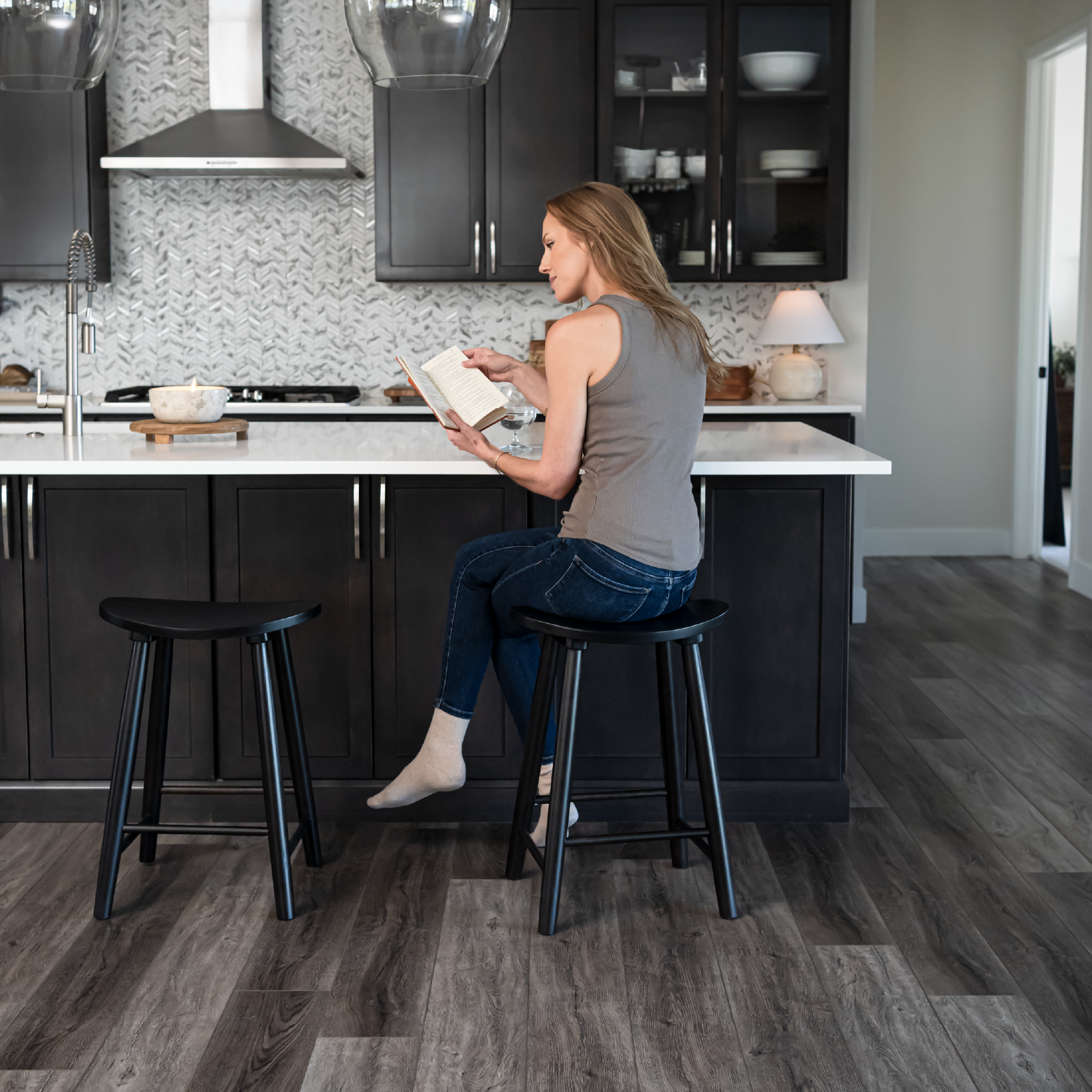 Luna Counter Height Kitchen Stool - Rustic Black Wood Finish in Stools by Maven Lane