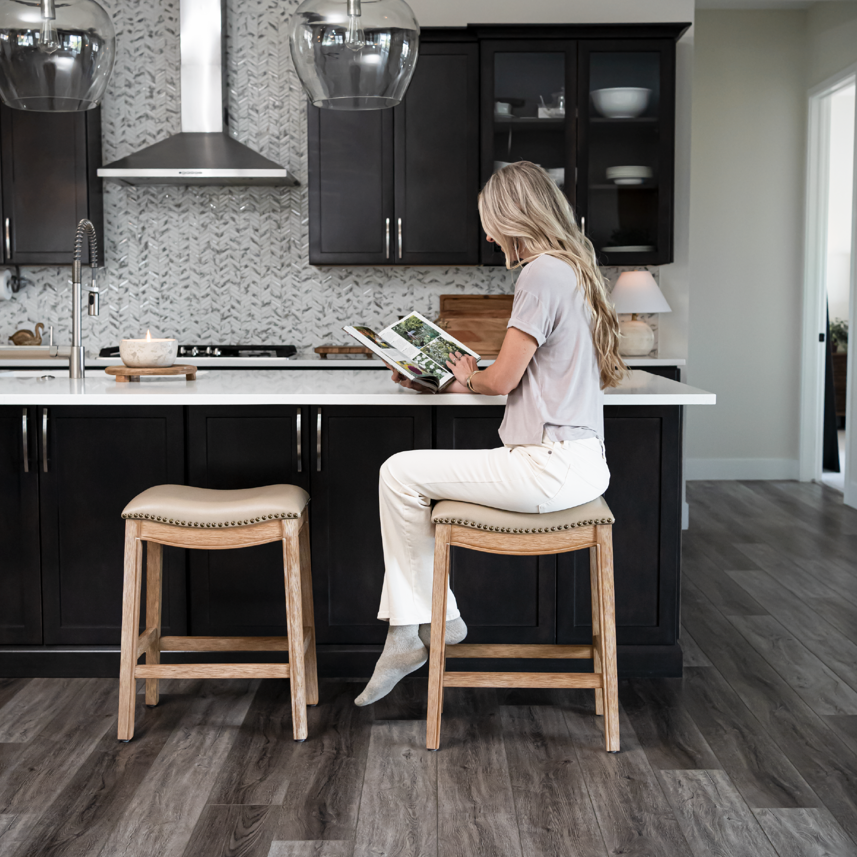 Adrien Saddle Counter Height Kitchen Stool - Weathered Oak Finish with Avanti Bone Vegan Leather in Stools by Maven Lane