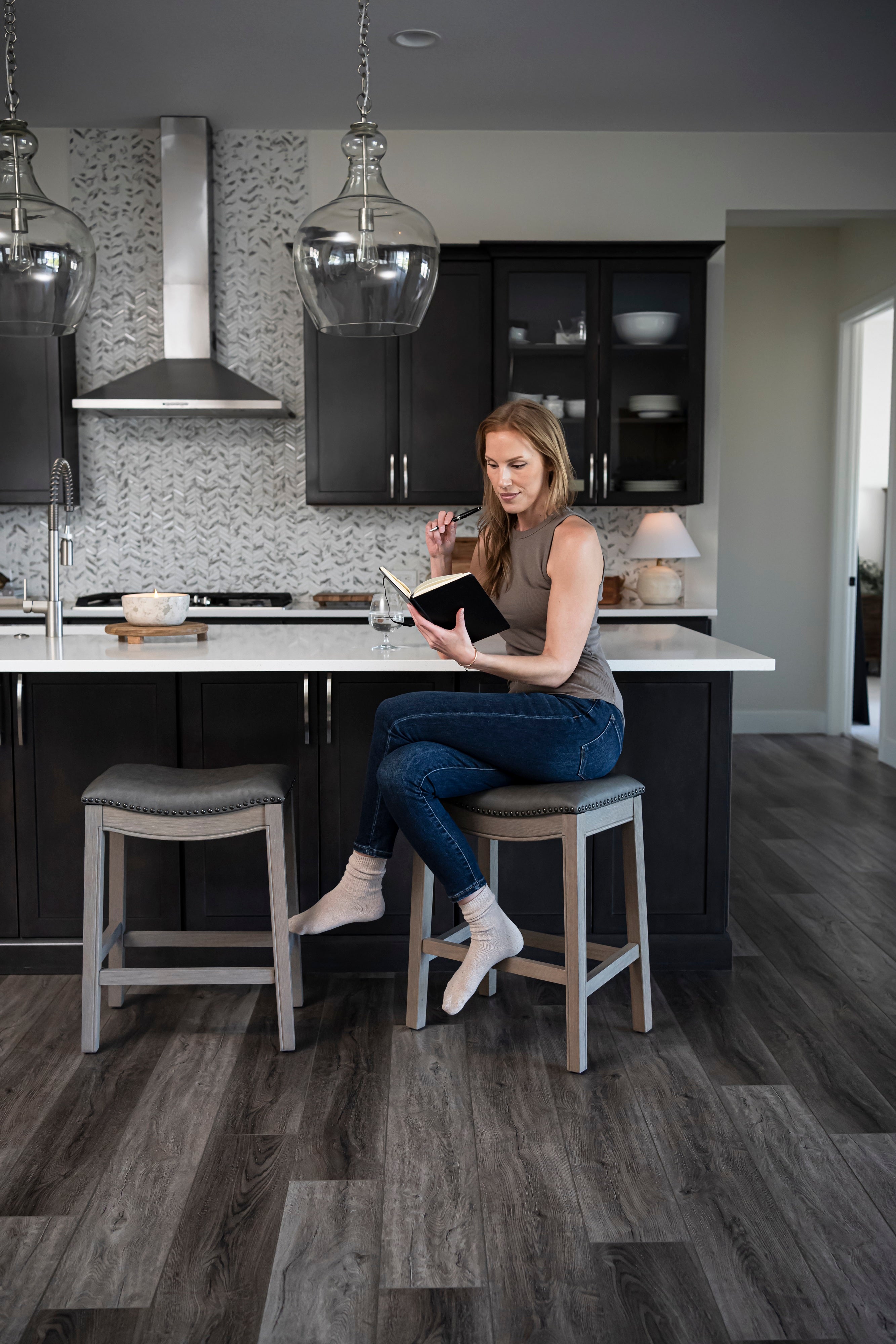 Adrien Saddle Counter Height Kitchen Stool - Reclaimed Oak Finish With Ronan Stone Vegan Leather
