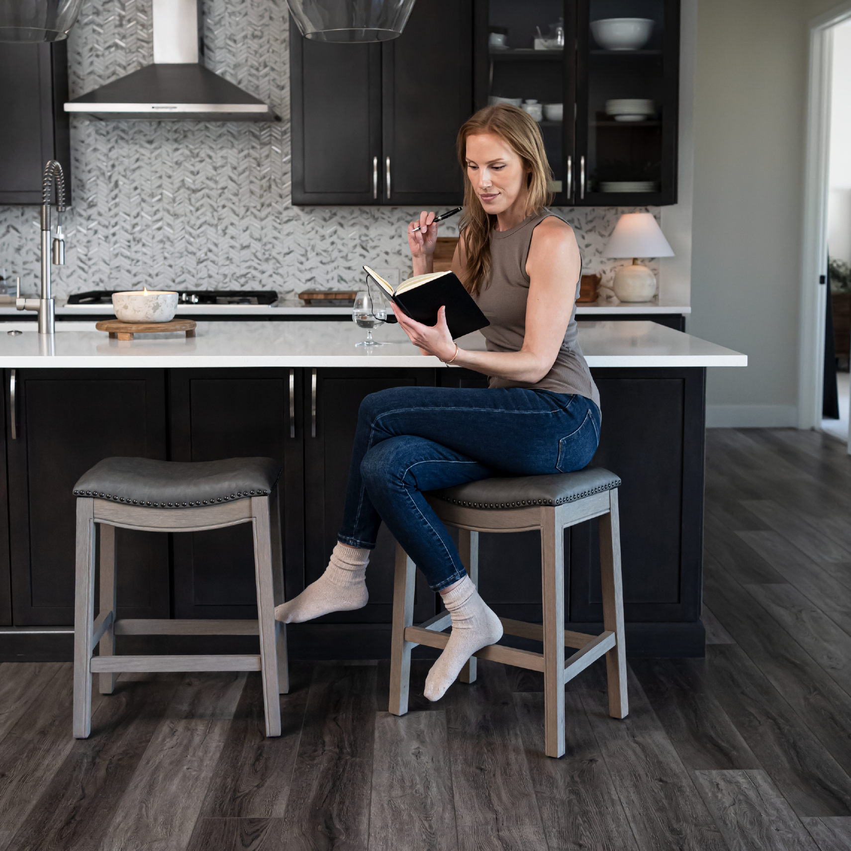 Adrien Saddle Counter Height Kitchen Stool - Reclaimed Oak Finish With Ronan Stone Vegan Leather in Stools by Maven Lane