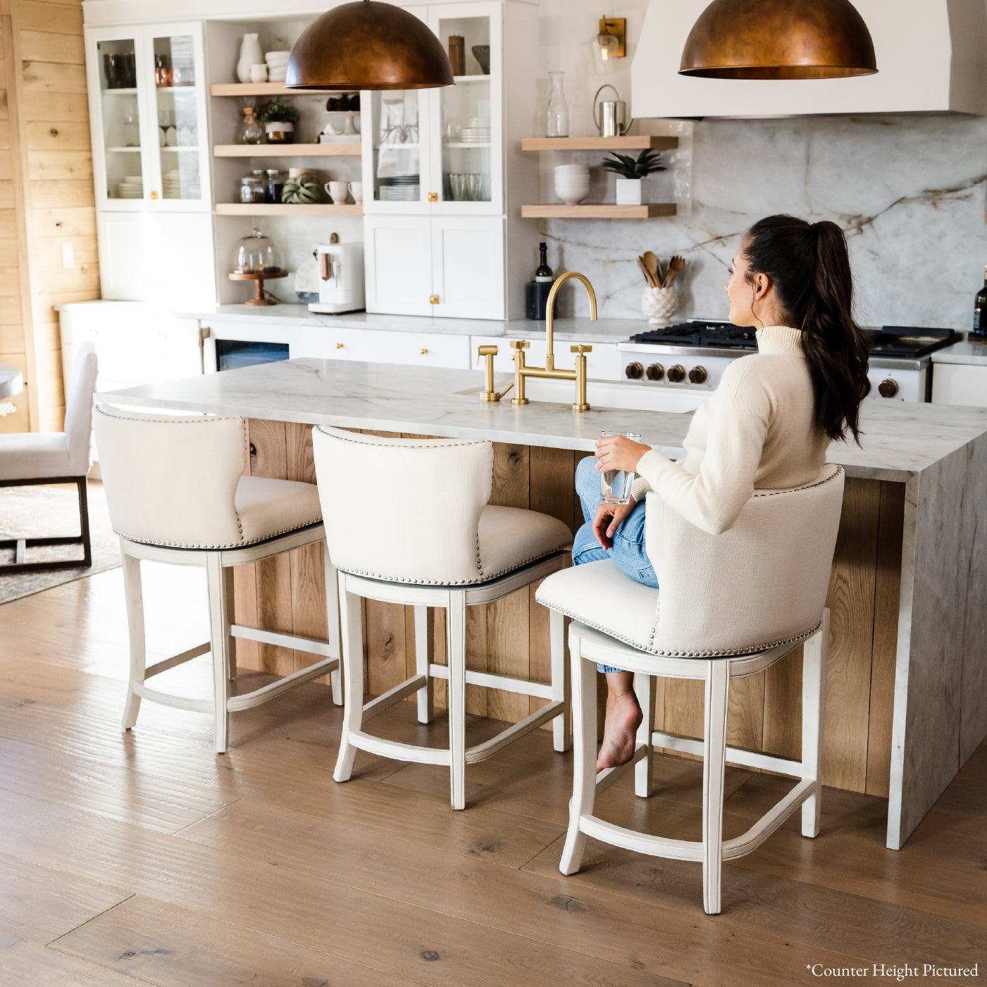 31" Hugo Bar Stool in Cream Finish and Cream Fabric Upholstery in Maven Lane by Maven Lane