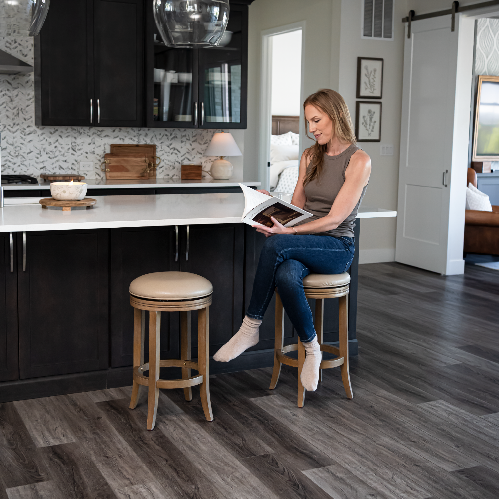 26" Eva swivel counter height kitchen stool - weathered oak finish with avanti bone vegan leather in Stools by Maven Lane