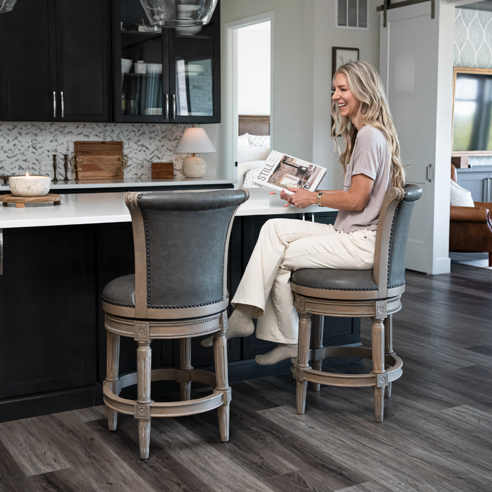 Pullman Swivel Counter Height Kitchen Stool - Reclaimed Oak Finish with Ronan Stone Vegan Leather