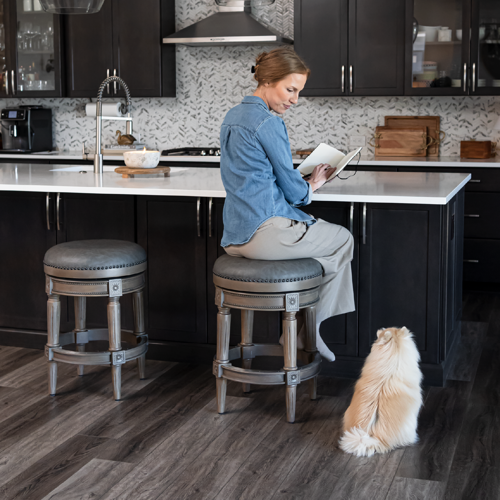 Pullman Backless Swivel Counter Height Kitchen Stool - Reclaimed Oak Finish With Ronan Stone Vegan Leather