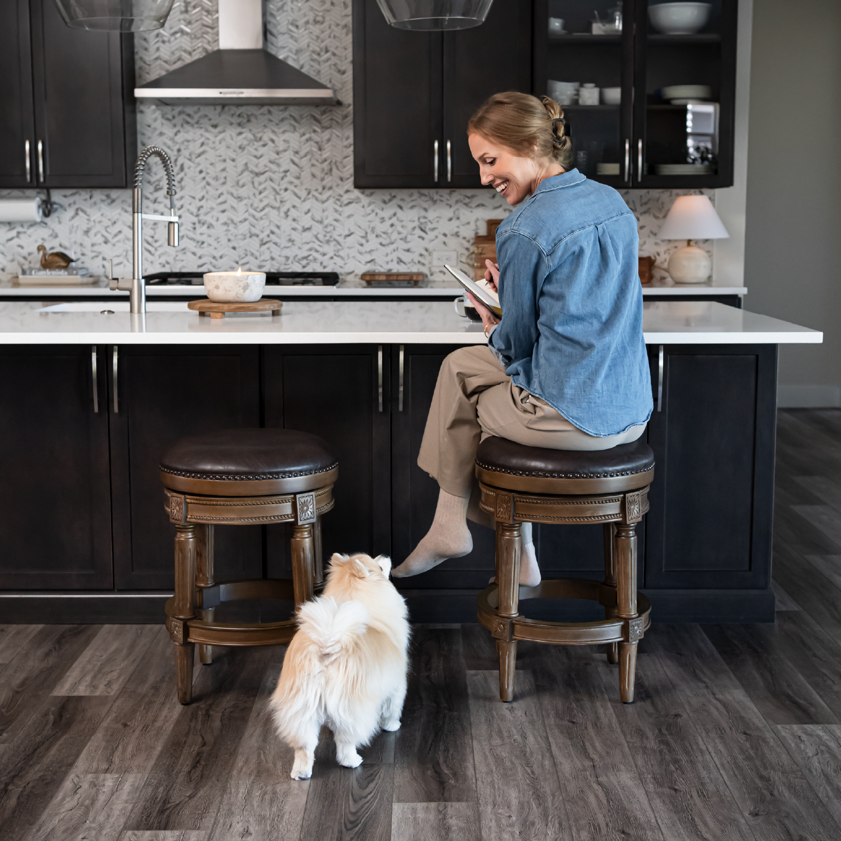 Pullman Backless Swivel Counter Height Kitchen Stool - Walnut Finish With Marksman Saddle Vegan Leather in Stools by Maven Lane