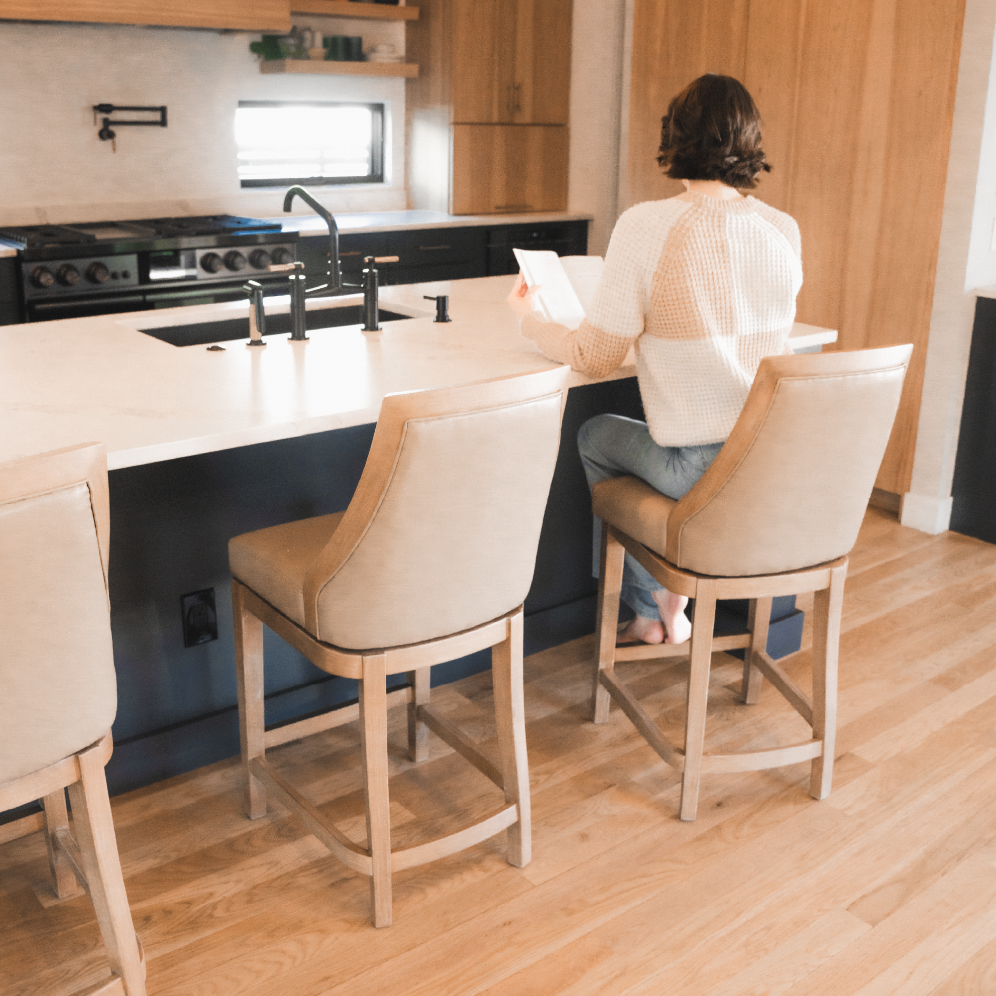 Vienna Swivel Counter Stool in Light Brown Finish with Beige Faux Leather in Stools by Maven Lane