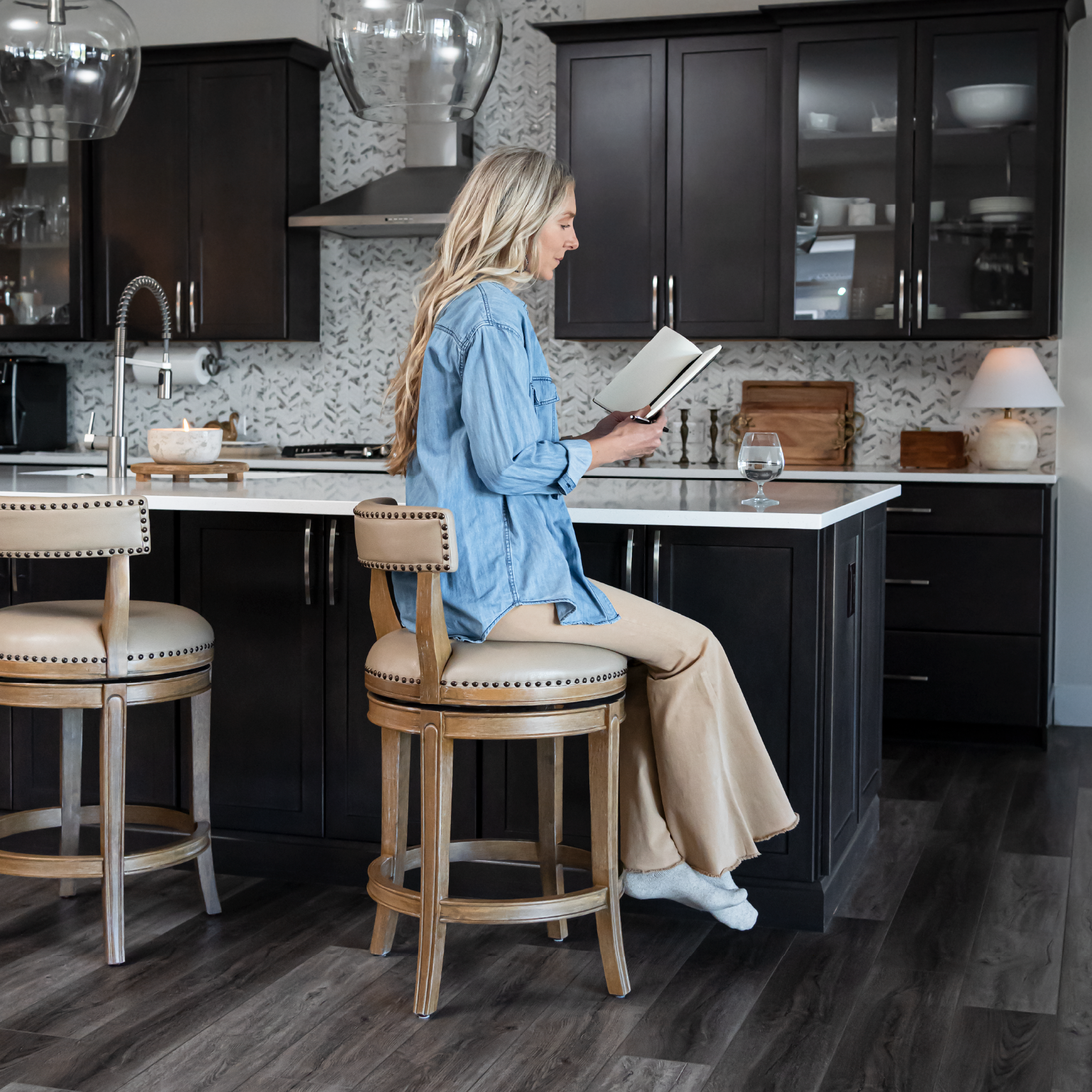 Alexander Swivel Counter Height Kitchen Stool - Weathered Oak Finish with Avanti Bone Vegan Leather in Stools by Maven Lane