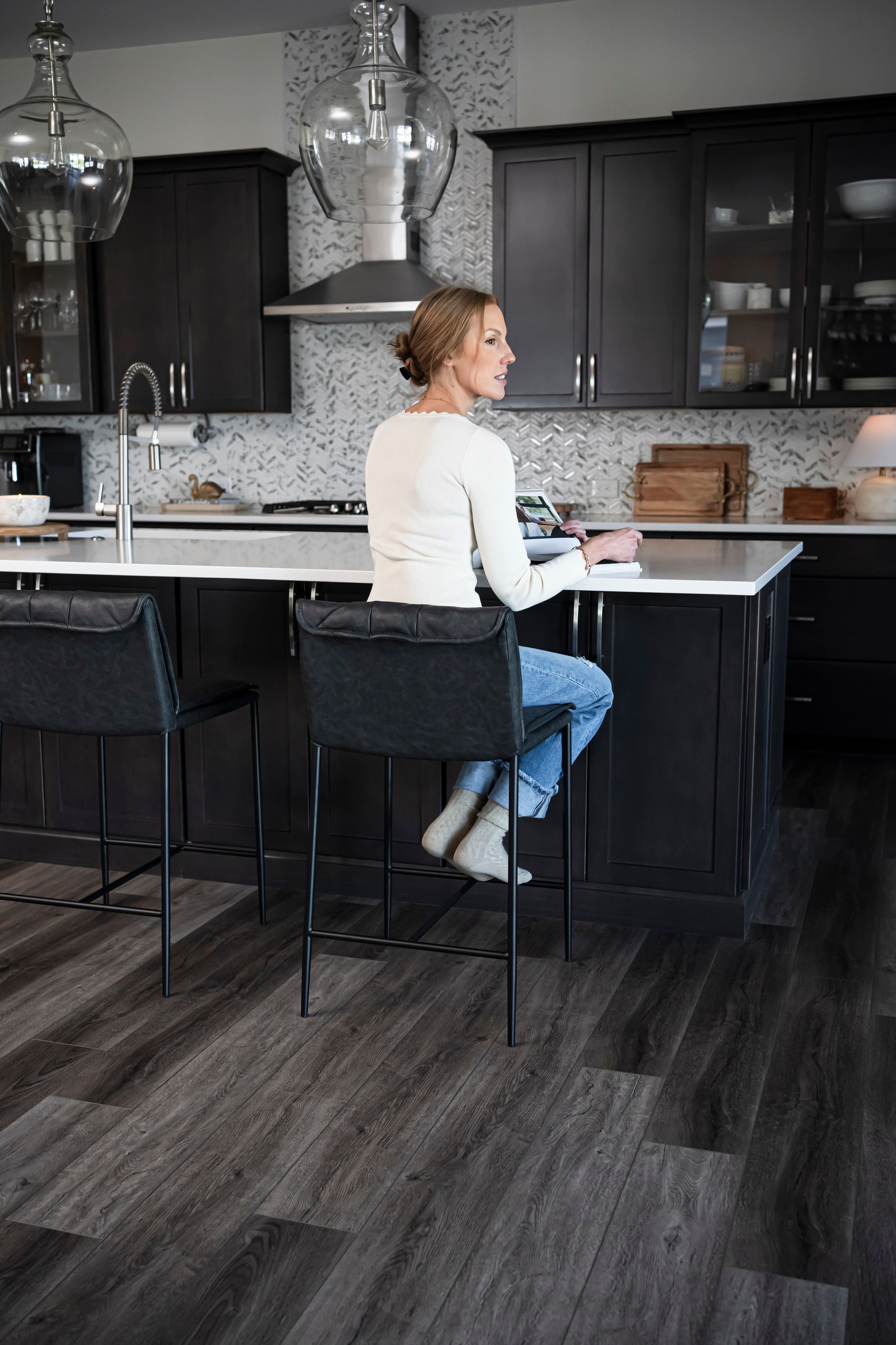 Gerard Counter Height Kitchen Stool - Matte Black Finish With Charcoal Black Vegan Leather
