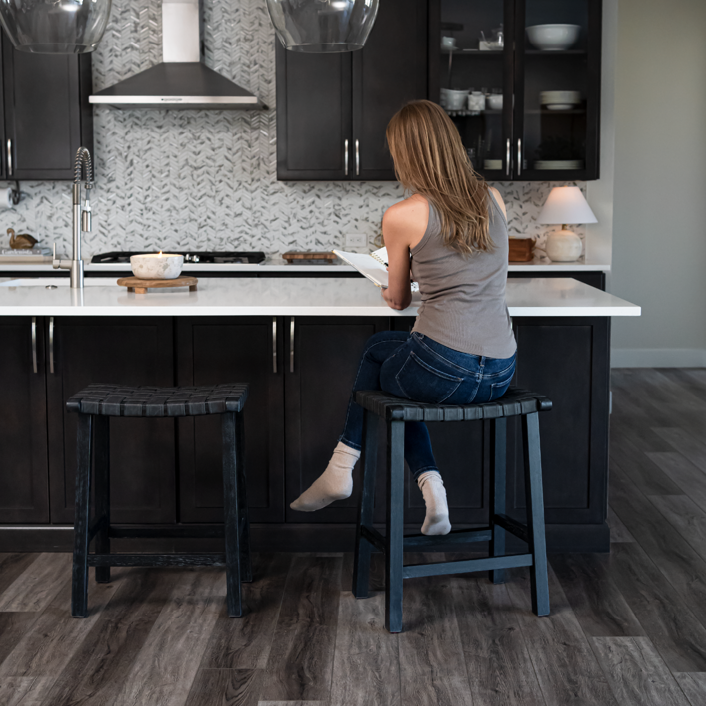 26" Noah backless counter height kitchen stool - aged black finish with charcoal black vegan leather in Stools by Maven Lane
