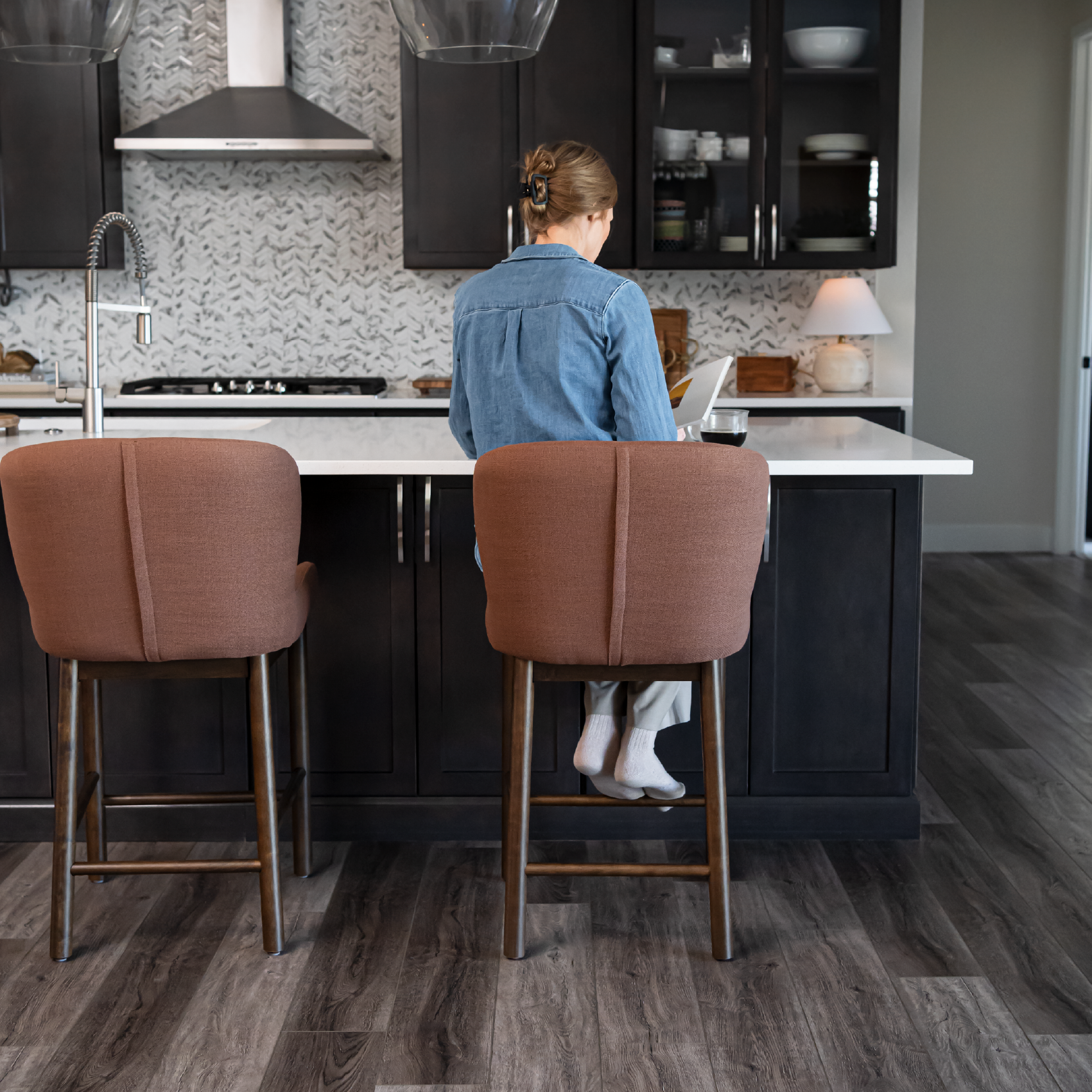 Gia Counter Height Kitchen Stool - Aged Brown Finish with Clay Canvas Fabric in Stools by Maven Lane