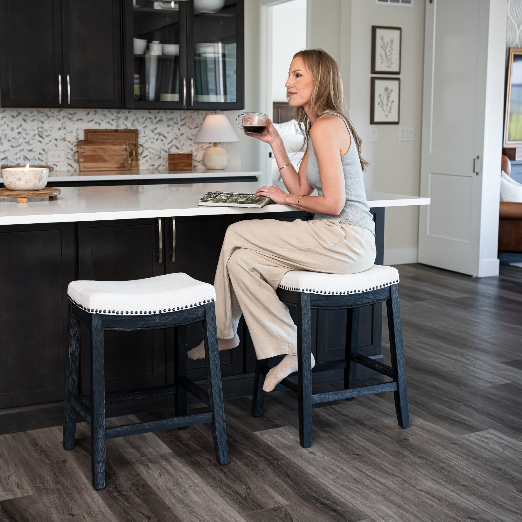 Sophia Saddle Backless Counter Height Kitchen Stool - Aged Black Finish with Snow White Fabric