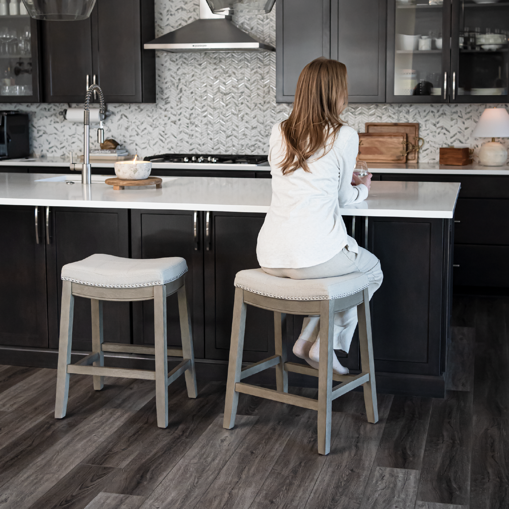 Sophia Saddle Backless Counter Height Kitchen Stool - Aged Grey Finish with Dove Grey Fabric