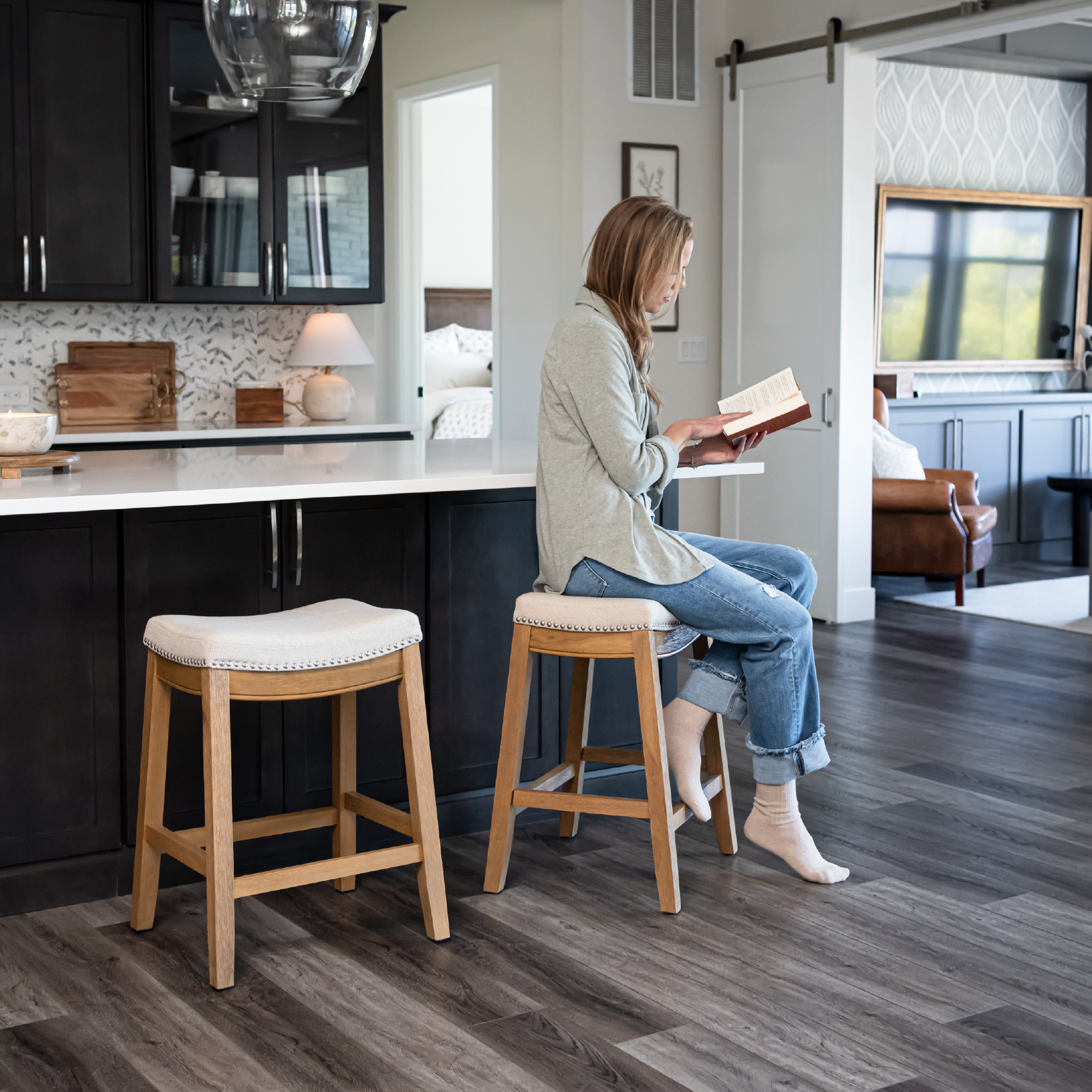 Sophia Saddle Backless Counter Height Kitchen Stool - Aged Natural Finish with Light Beige Fabric