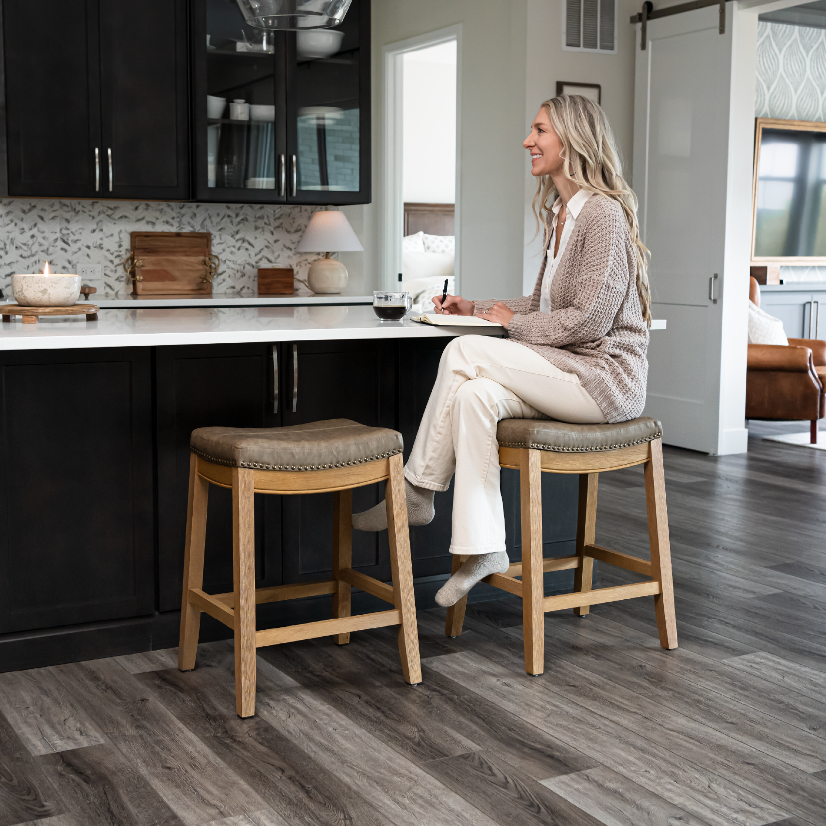Sophia Saddle Backless Counter Height Kitchen Stool - Aged Natural Finish with Desert Tan Vegan Leather