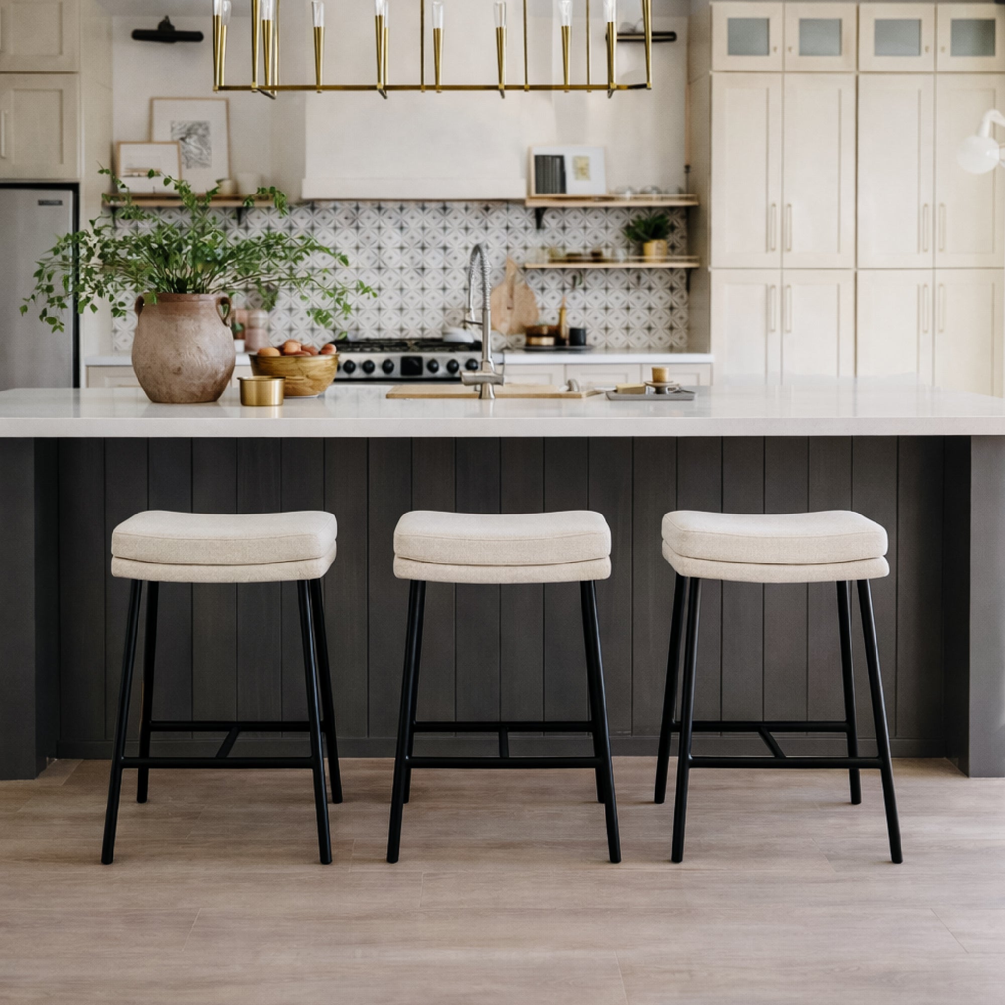Berkley Counter Height Saddle Stool – Beige Fabric & Matte Black in Maven Lane by Maven Lane