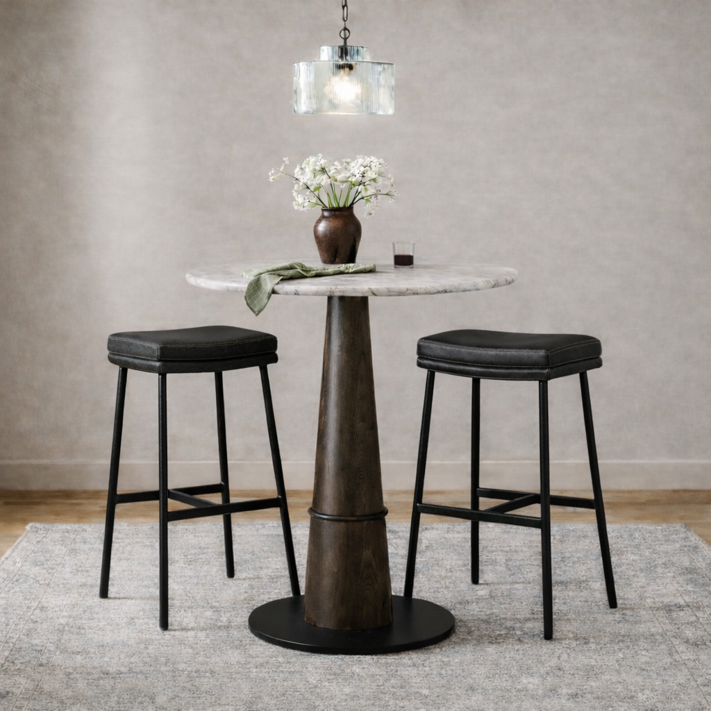 Berkley Bar Height Saddle Stool – Charcoal Faux Leather & Matte Black in Maven Lane by Maven Lane