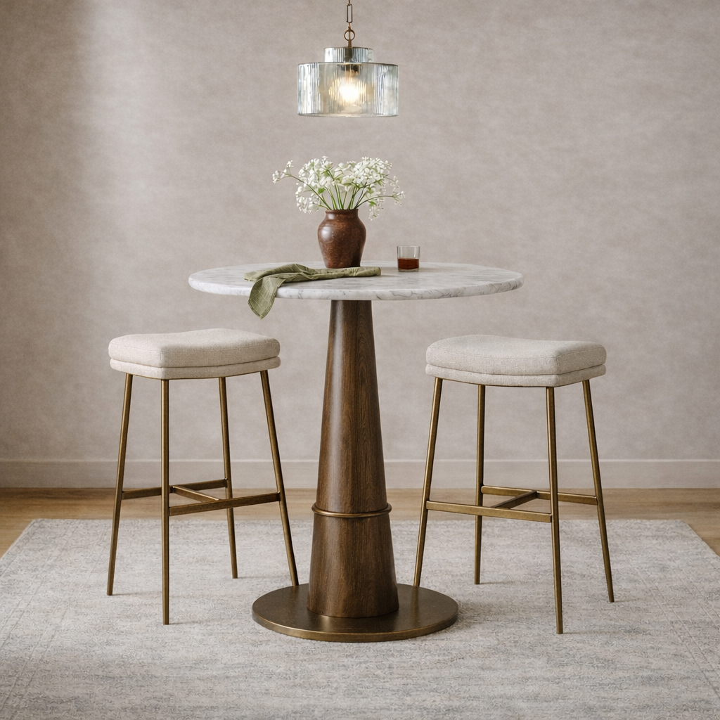 Berkley Bar Height Saddle Stool – Beige Fabric & Aged Gold in Maven Lane by Maven Lane