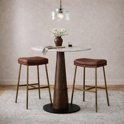 Berkley Bar Height Saddle Stool – Brown Faux Leather & Aged Gold in Maven Lane by Maven Lane