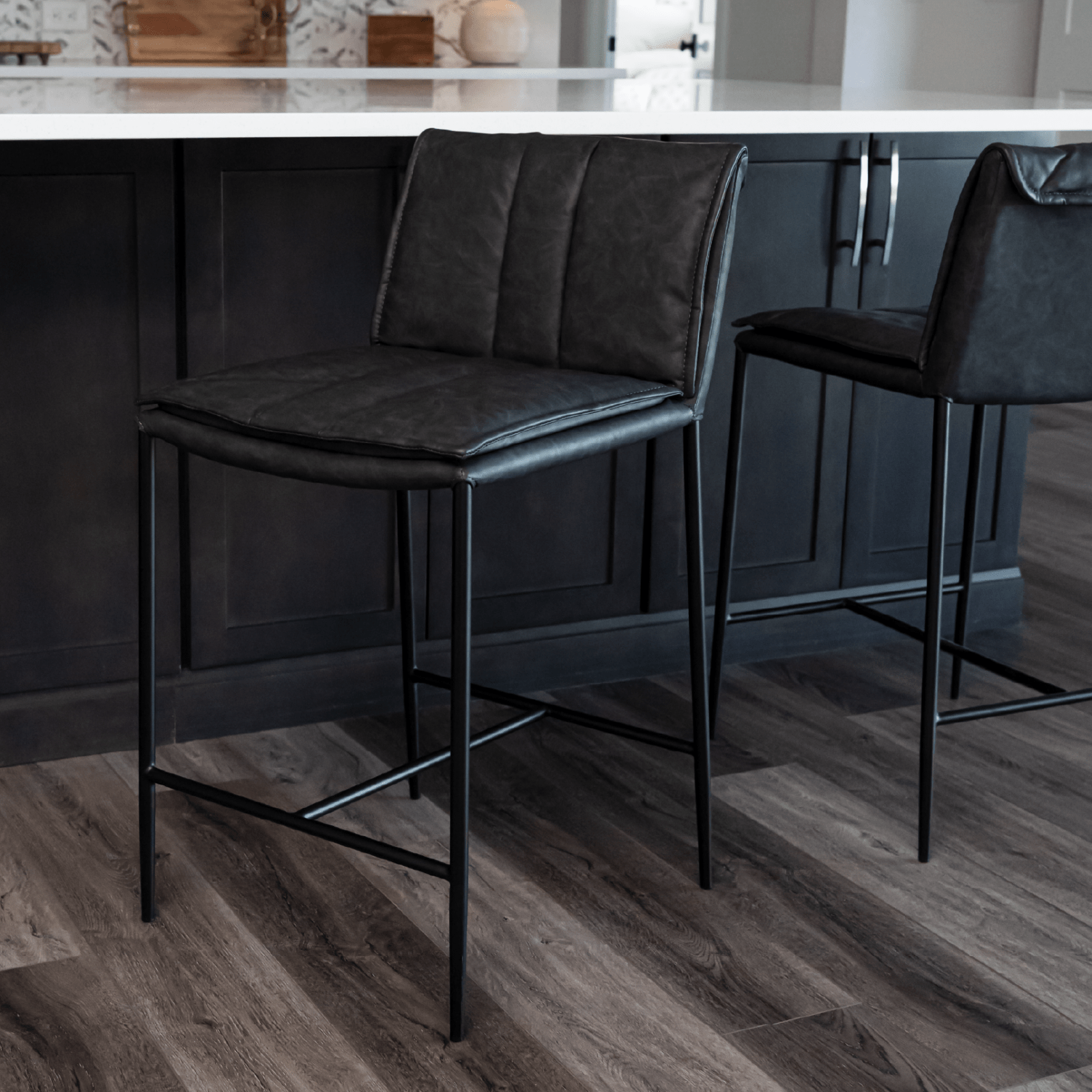 25" Gerard Counter Stool in Matte Black Finish with Charcoal Black Vegan Leather in Maven Lane by Maven Lane