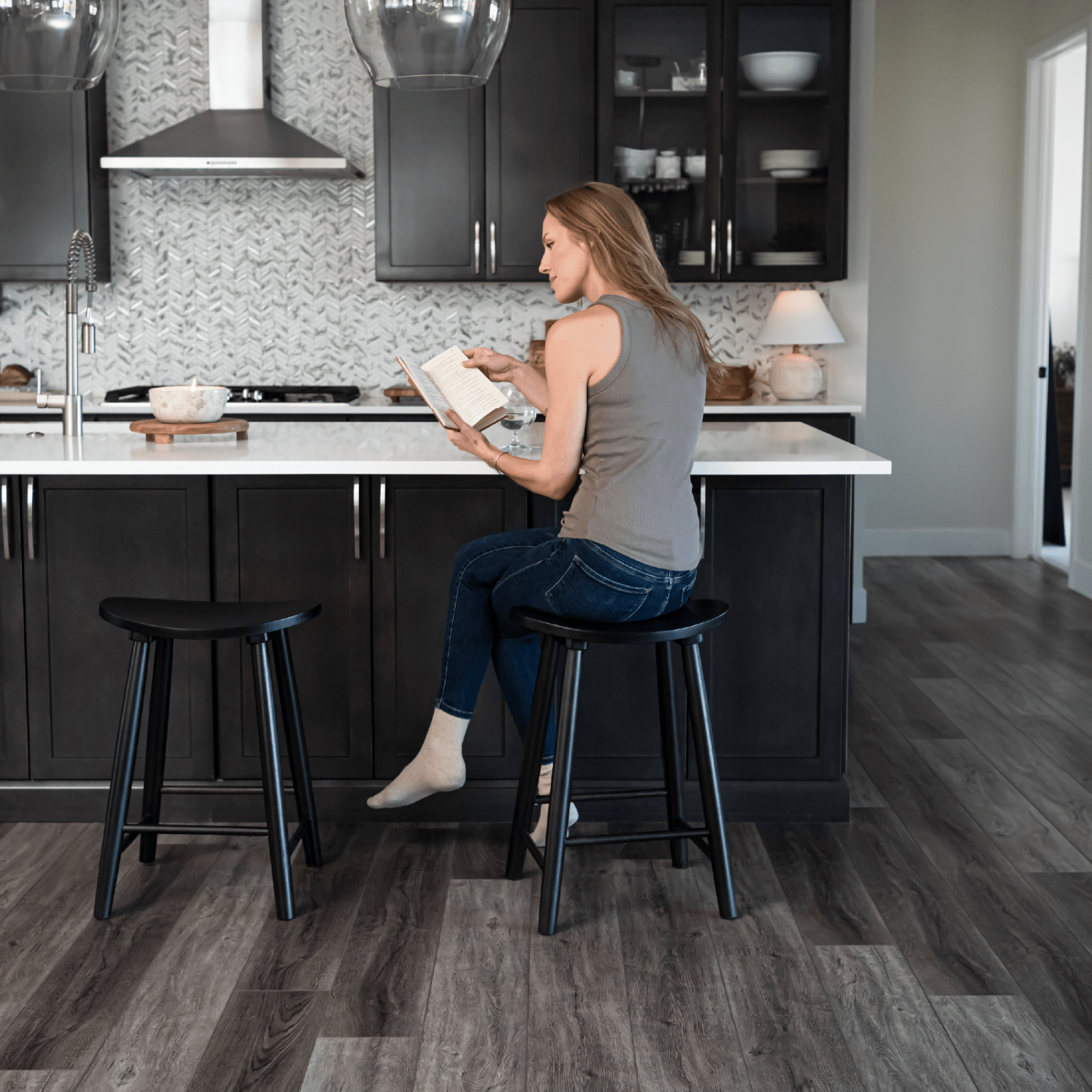 25" Luna Counter Stool in Rustic Black Wood Finish in Stools by Maven Lane
