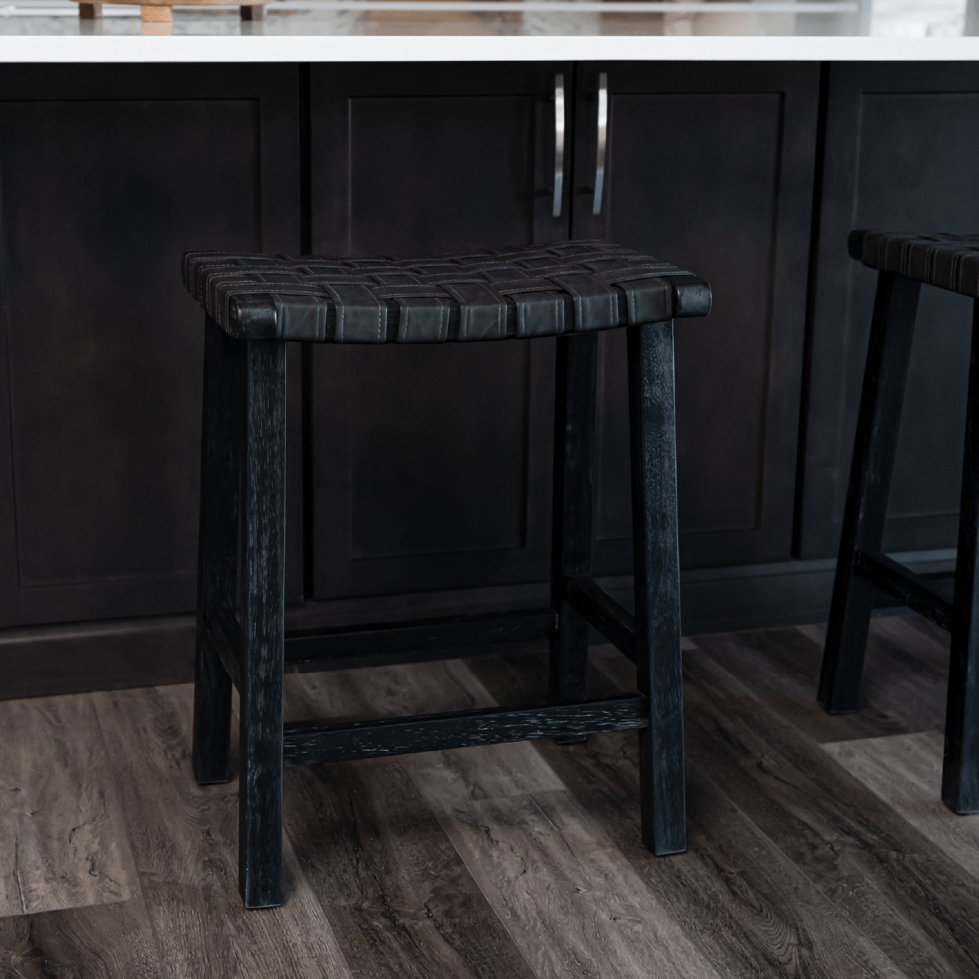25" Noah Backless Counter Stool in Aged Black Finish with Charcoal Black Vegan Leather in Stools by Maven Lane