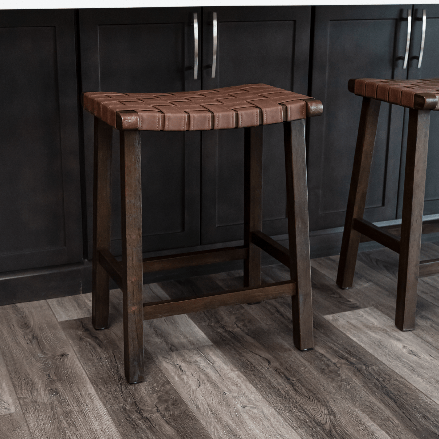 25" Noah Backless Counter Stool in Aged Brown Finish with Cocoa Brown Vegan Leather in Stools by Maven Lane