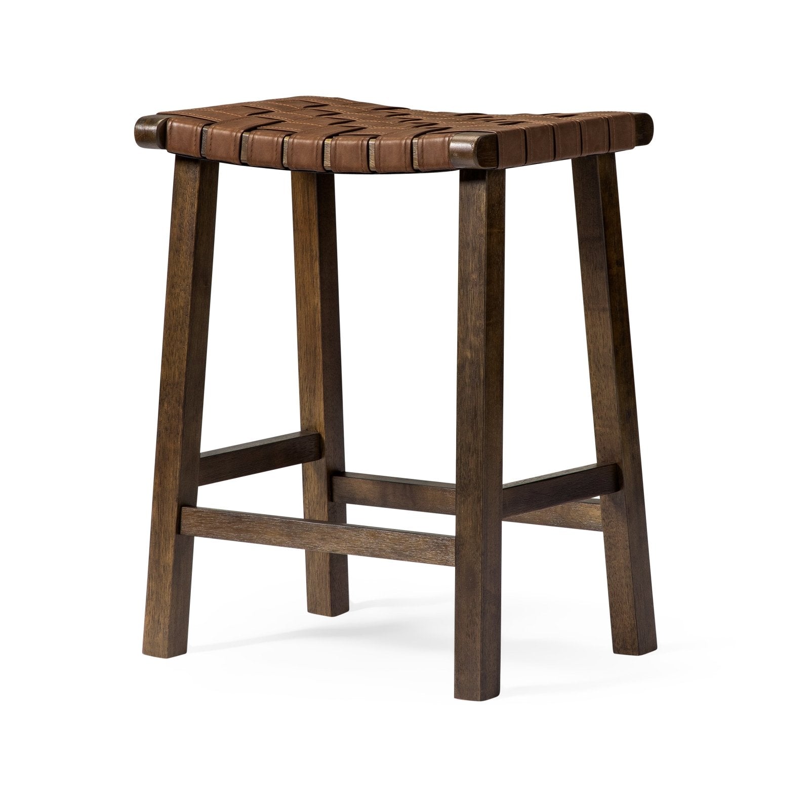 Noah Backless Counter Stool In Brown Finish & Brown Woven Faux Leather Seat in Stools by Maven Lane