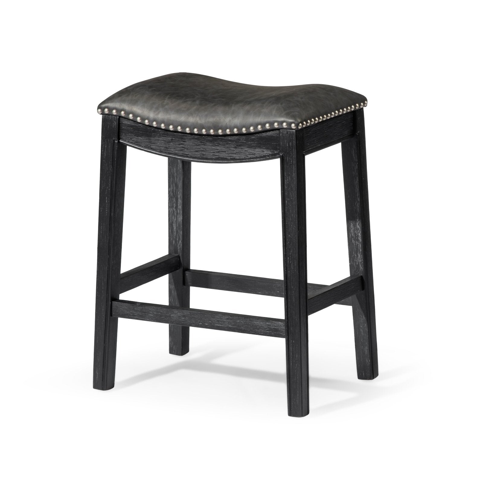 26" Adrien Saddle Counter Stool in Aged Black Finish with Charcoal Black Vegan Leather in Stools by Maven Lane
