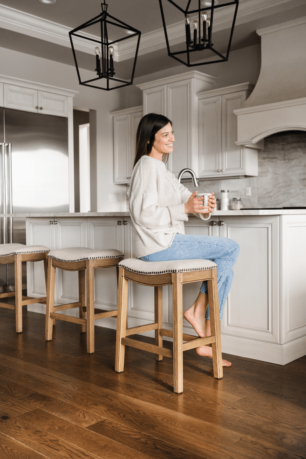 26" Adrien Saddle Counter Stool in Natural Wood Finish with Wheat Fabric Upholstery in Stools by Maven Lane