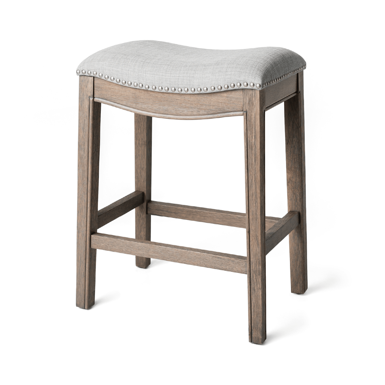26" Adrien Saddle Counter Stool in Reclaimed Oak Finish with Ash Grey Fabric Upholstery in Stools by Maven Lane