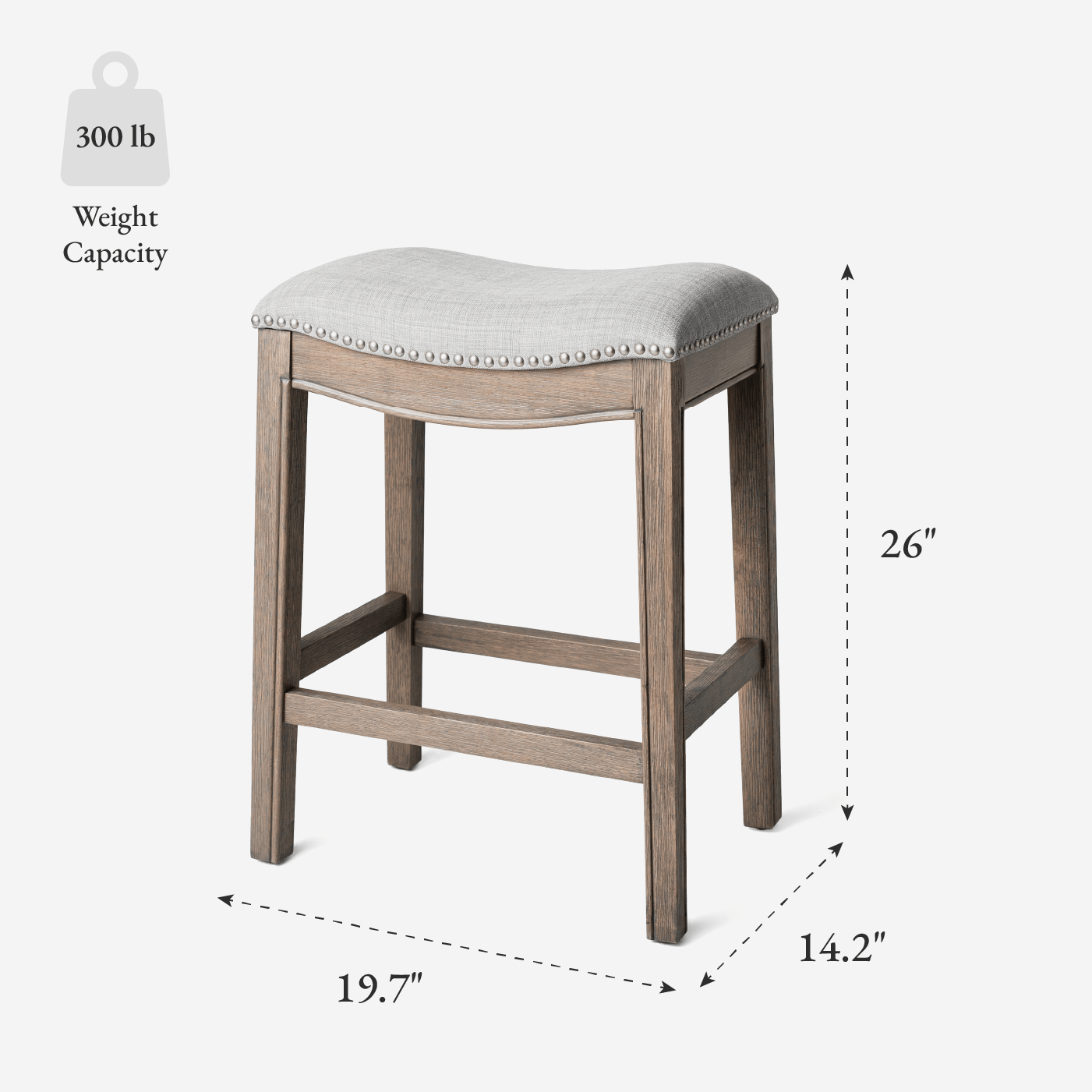 26" Adrien Saddle Counter Stool in Reclaimed Oak Finish with Ash Grey Fabric Upholstery in Stools by Maven Lane