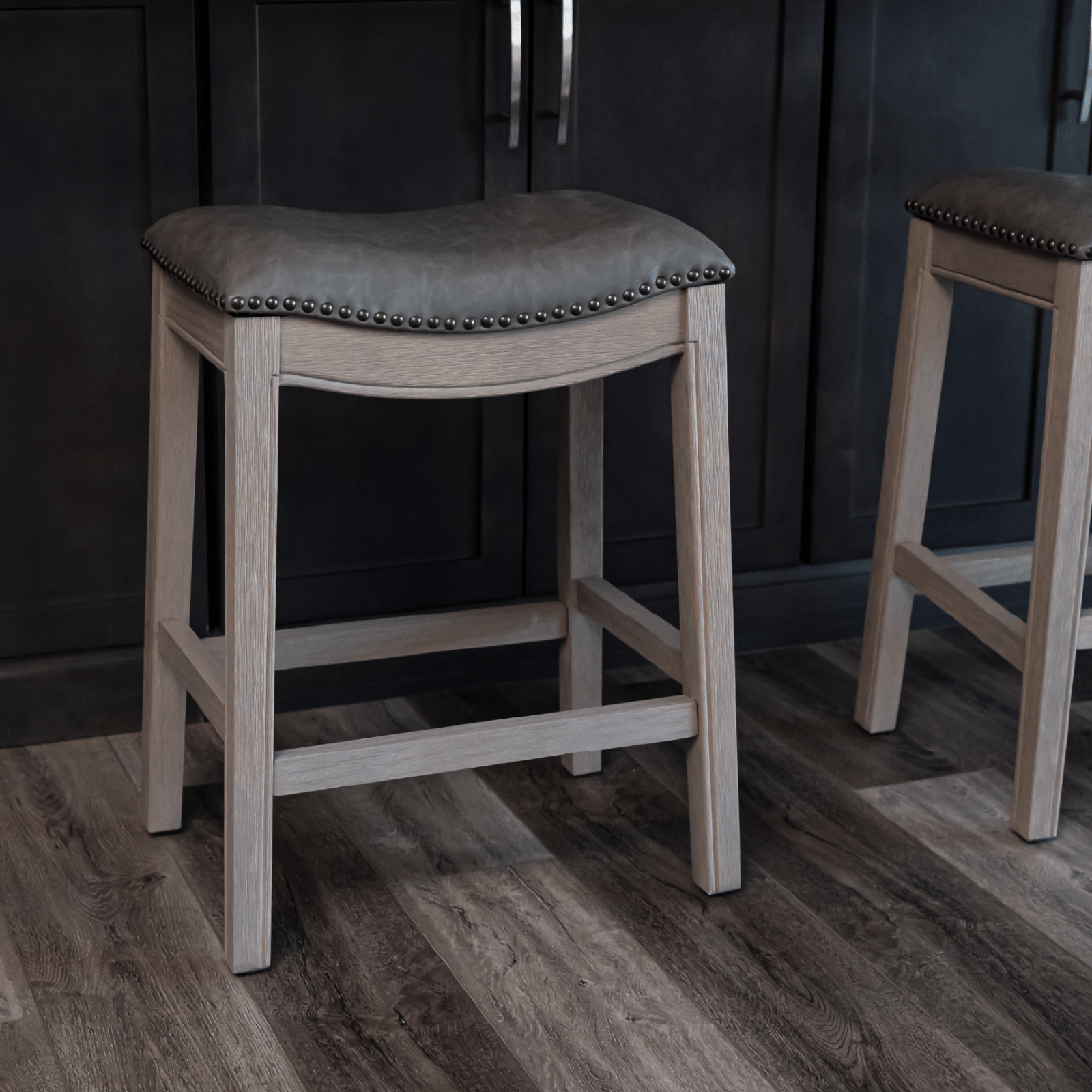 26" Adrien saddle counter height kitchen stool - reclaimed oak finish with ronan stone vegan leather in Stools by Maven Lane