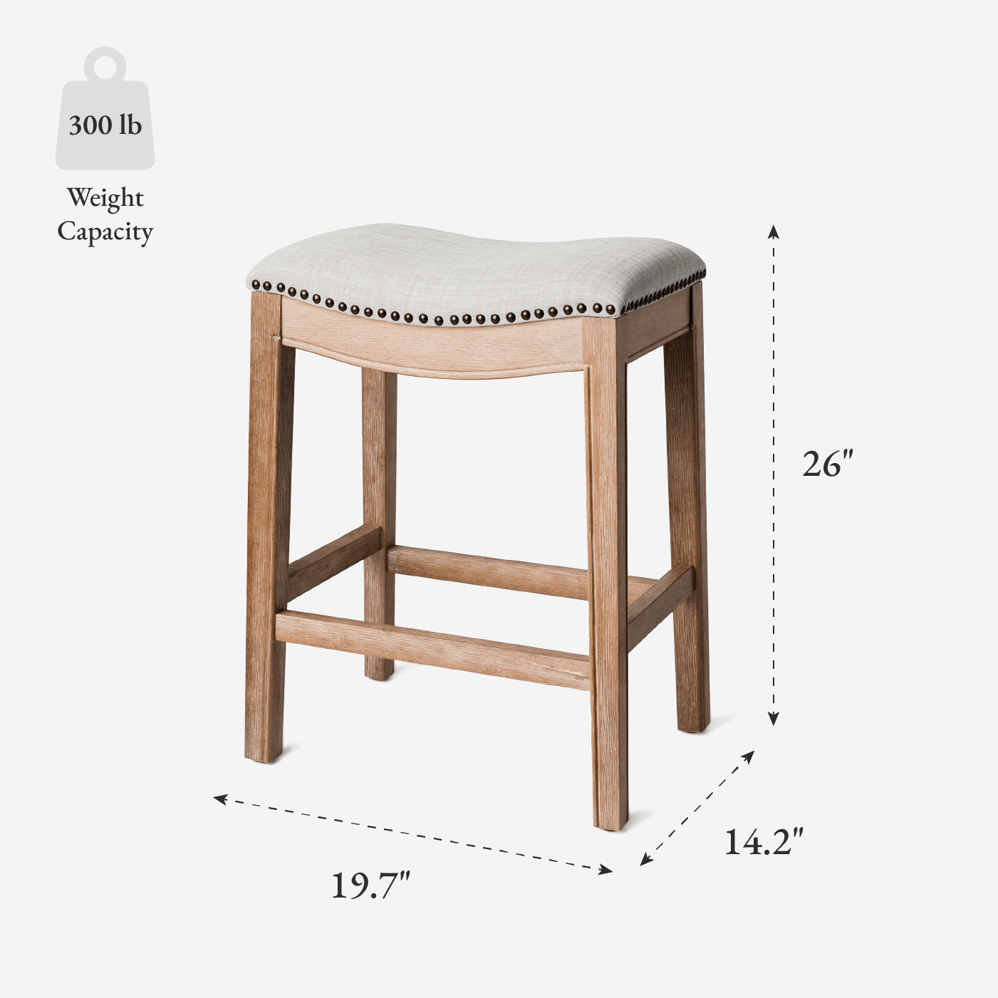 26" Adrien Saddle Counter Stool in Weathered Oak Finish with Sand Color Fabric Upholstery in Stools by Maven Lane