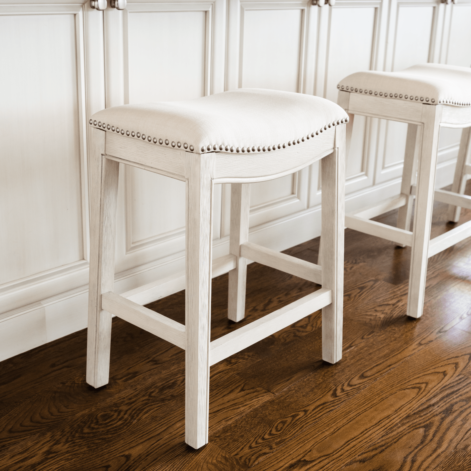 26" Adrien Saddle Counter Stool in White Oak Finish with Natural Fabric Upholstery in Stools by Maven Lane