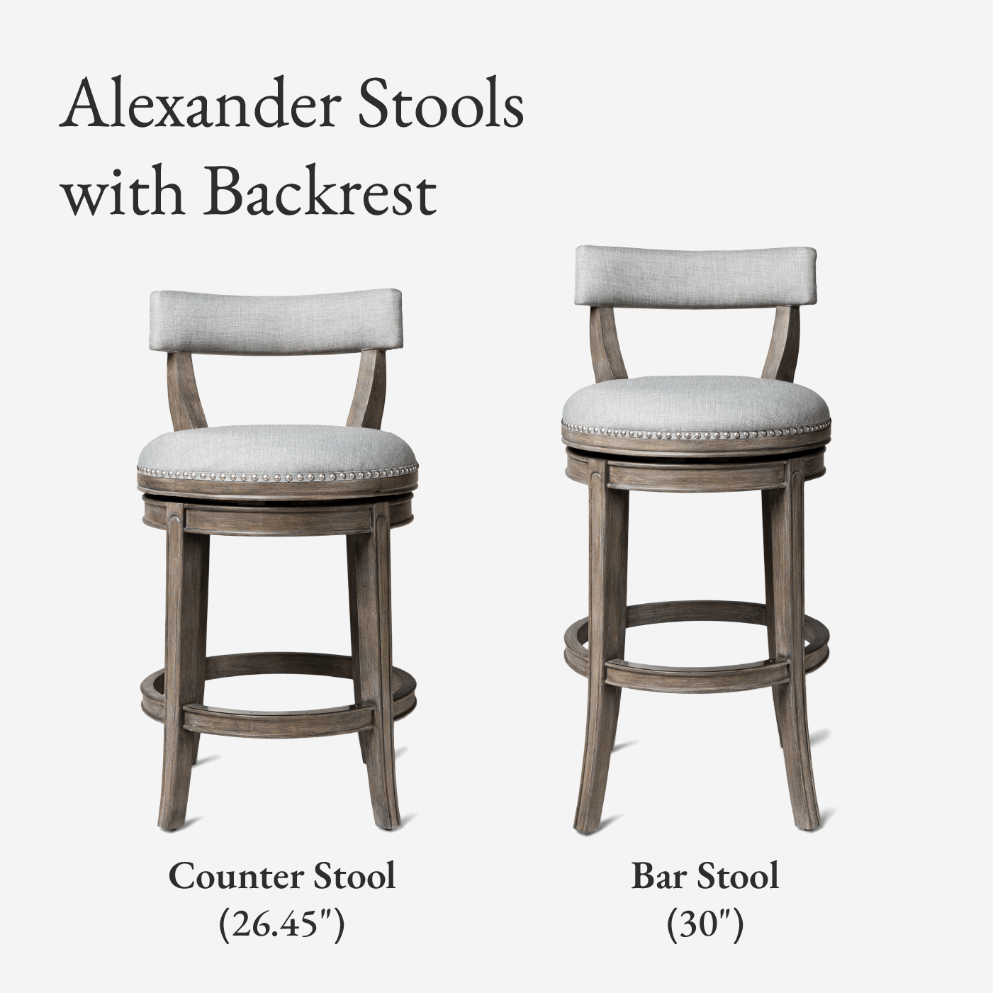 26" Alexander Counter Stool in Reclaimed Oak Finish with Ash Grey Fabric Upholstery in Stools by Maven Lane
