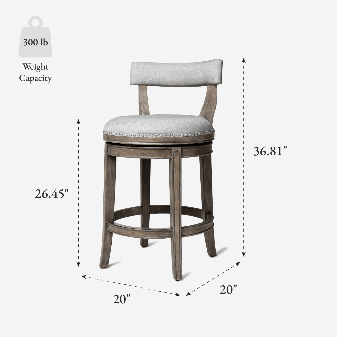 26" Alexander Counter Stool in Reclaimed Oak Finish with Ash Grey Fabric Upholstery in Stools by Maven Lane