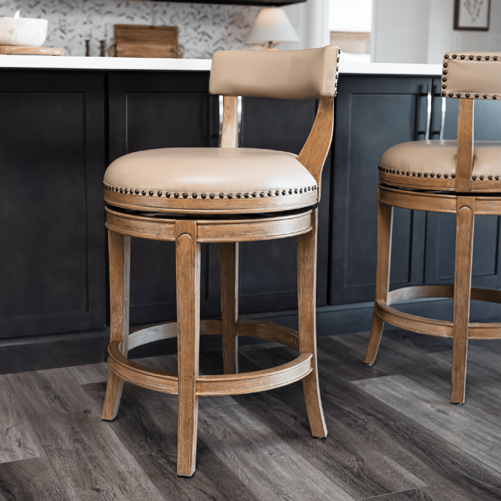 26" Alexander swivel counter height kitchen stool - weathered oak finish with avanti bone vegan leather in Stools by Maven Lane