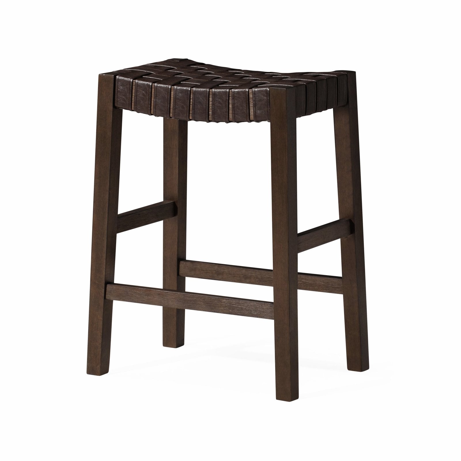 26" Emerson Counter Stool in Weathered Brown Wood Finish with Marksman Saddle Vegan Leather in Stools by Maven Lane