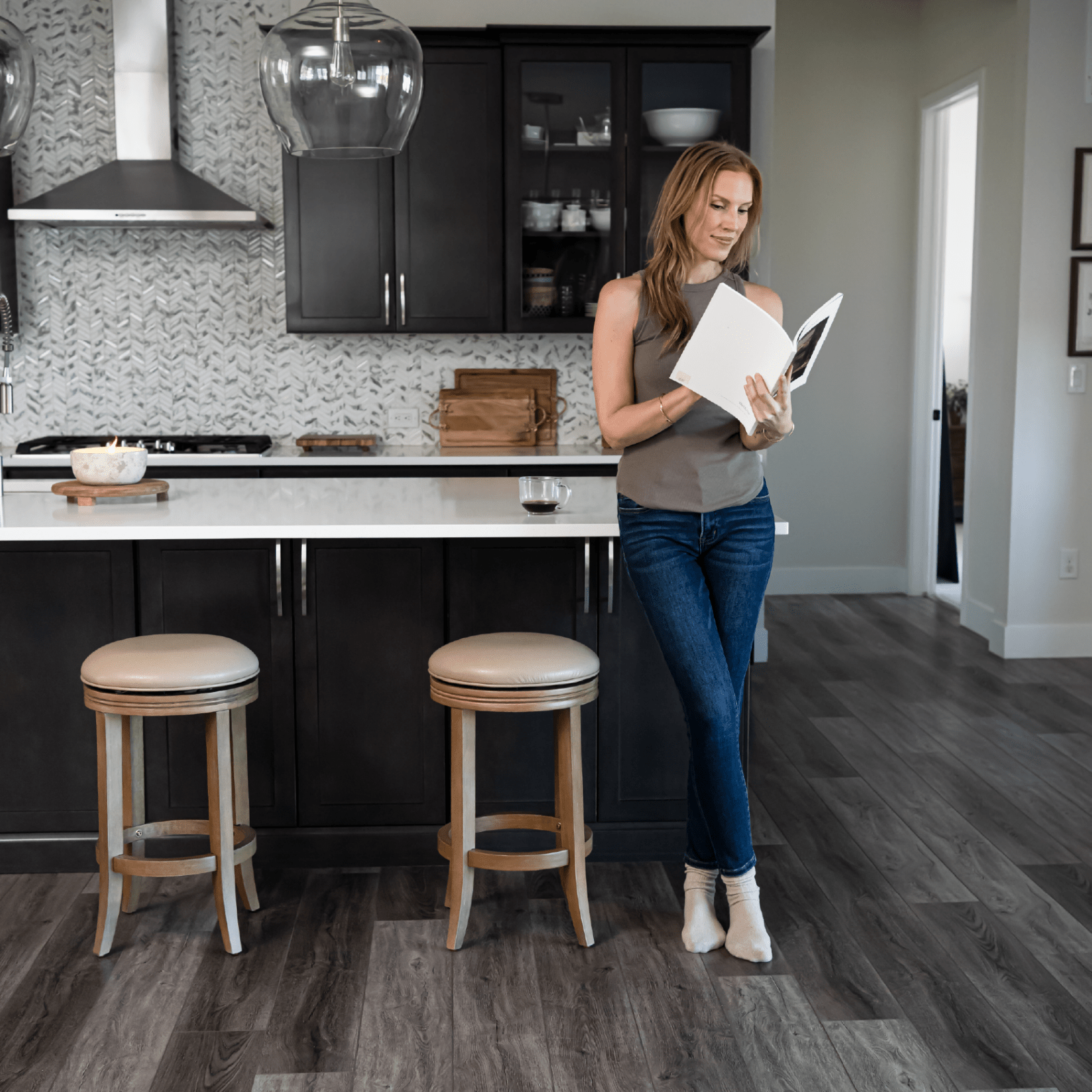26" Eva Counter Height Kitchen Stool - Weathered Oak Finish with Avanti Bone Vegan Leather in Stools by Maven Lane