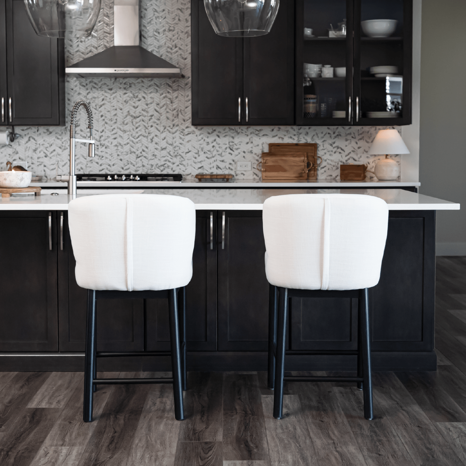 26" Gia Counter Stool in Aged Black Finish with Dove Weave Fabric in Stools by Maven Lane