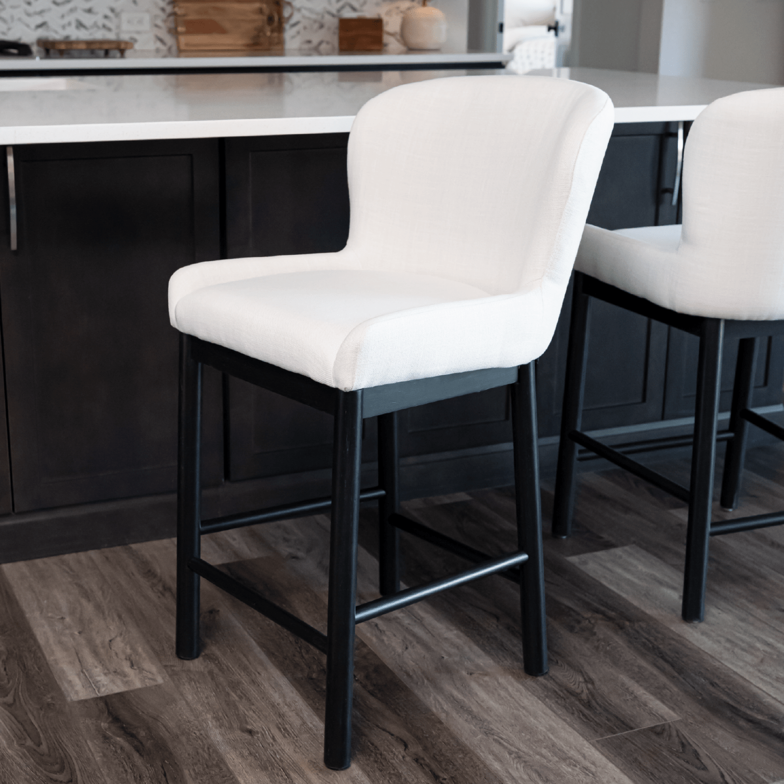 26" Gia counter height kitchen stool - aged black finish with dove weave fabric in Stools by Maven Lane