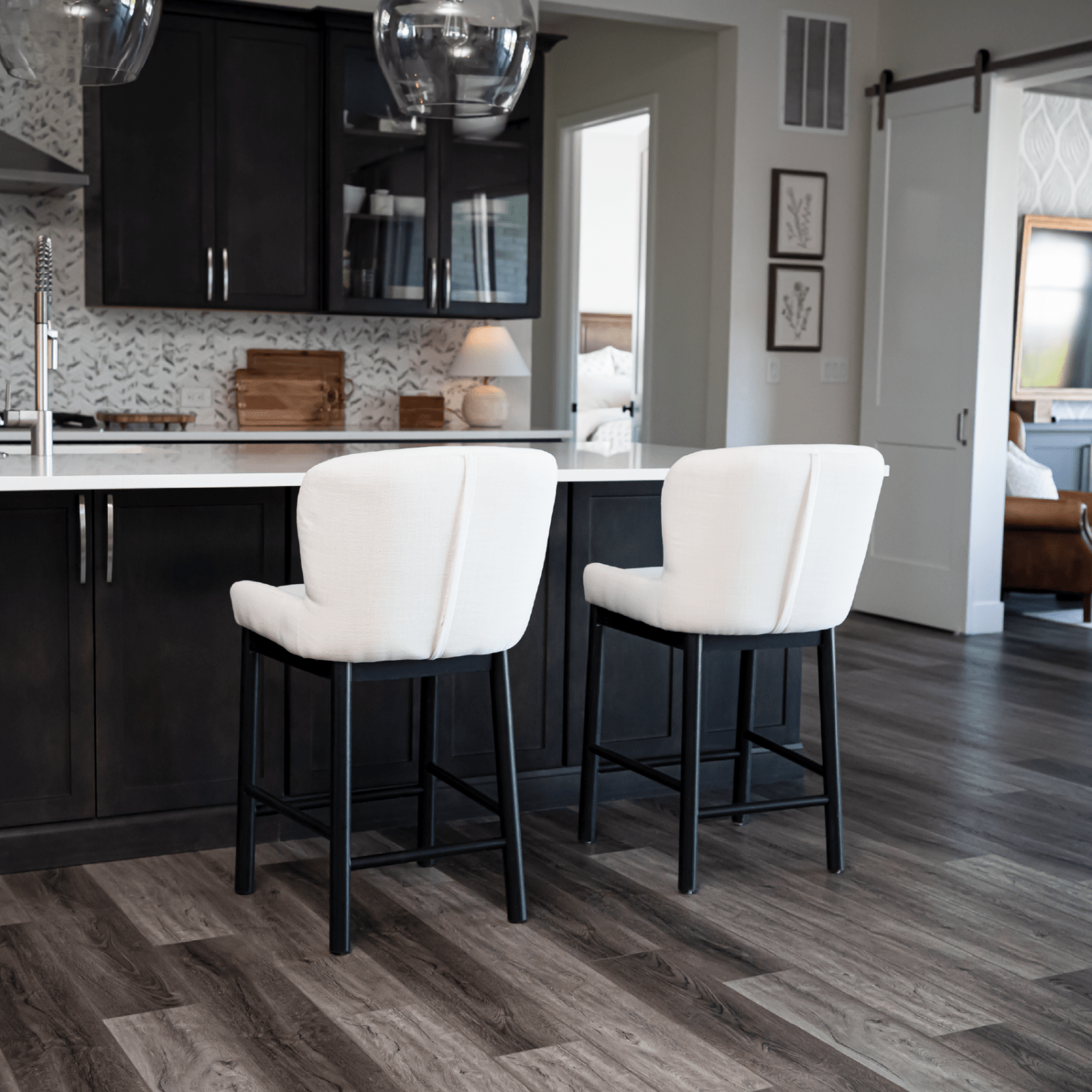 26" Gia Counter Stool in Aged Black Finish with Dove Weave Fabric in Stools by Maven Lane