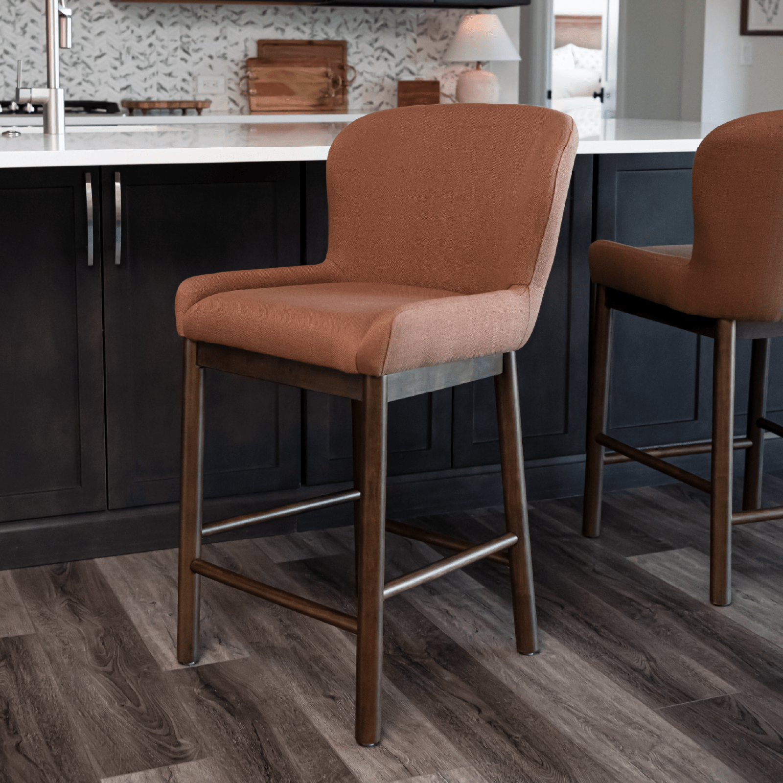 26" Gia Counter Stool in Aged Brown Finish with Clay Canvas Fabric in Stools by Maven Lane