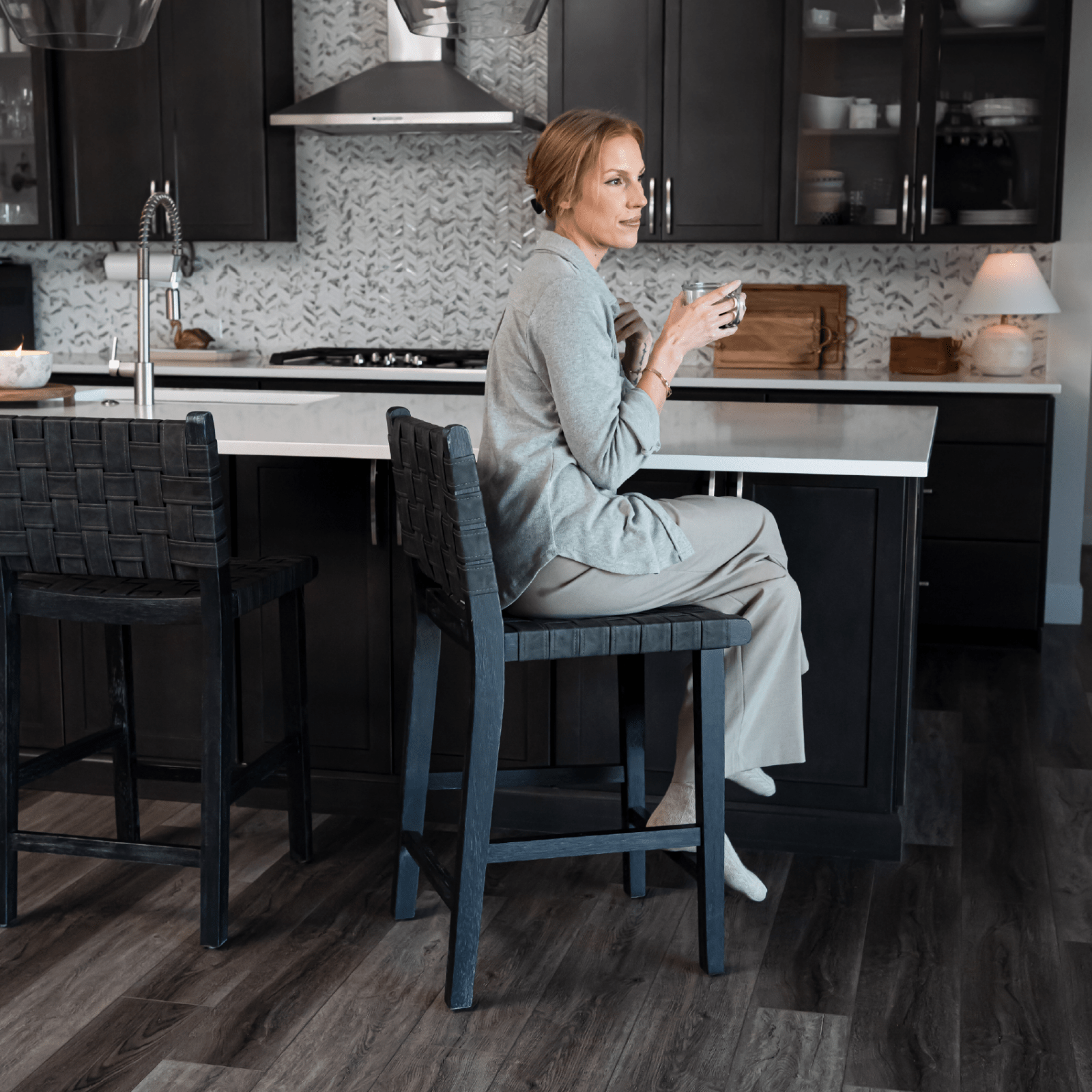 26" Noah Counter Stool in Aged Black Finish with Charcoal Black Vegan Leather in Stools by Maven Lane